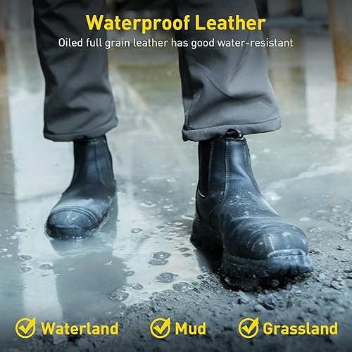 Miniatura 10 de OUXX Botas de trabajo para hombres, zapatos de seguridad de cuero de goma con punta de acero, antideslizantes, impermeables, a prueba de pinchazos