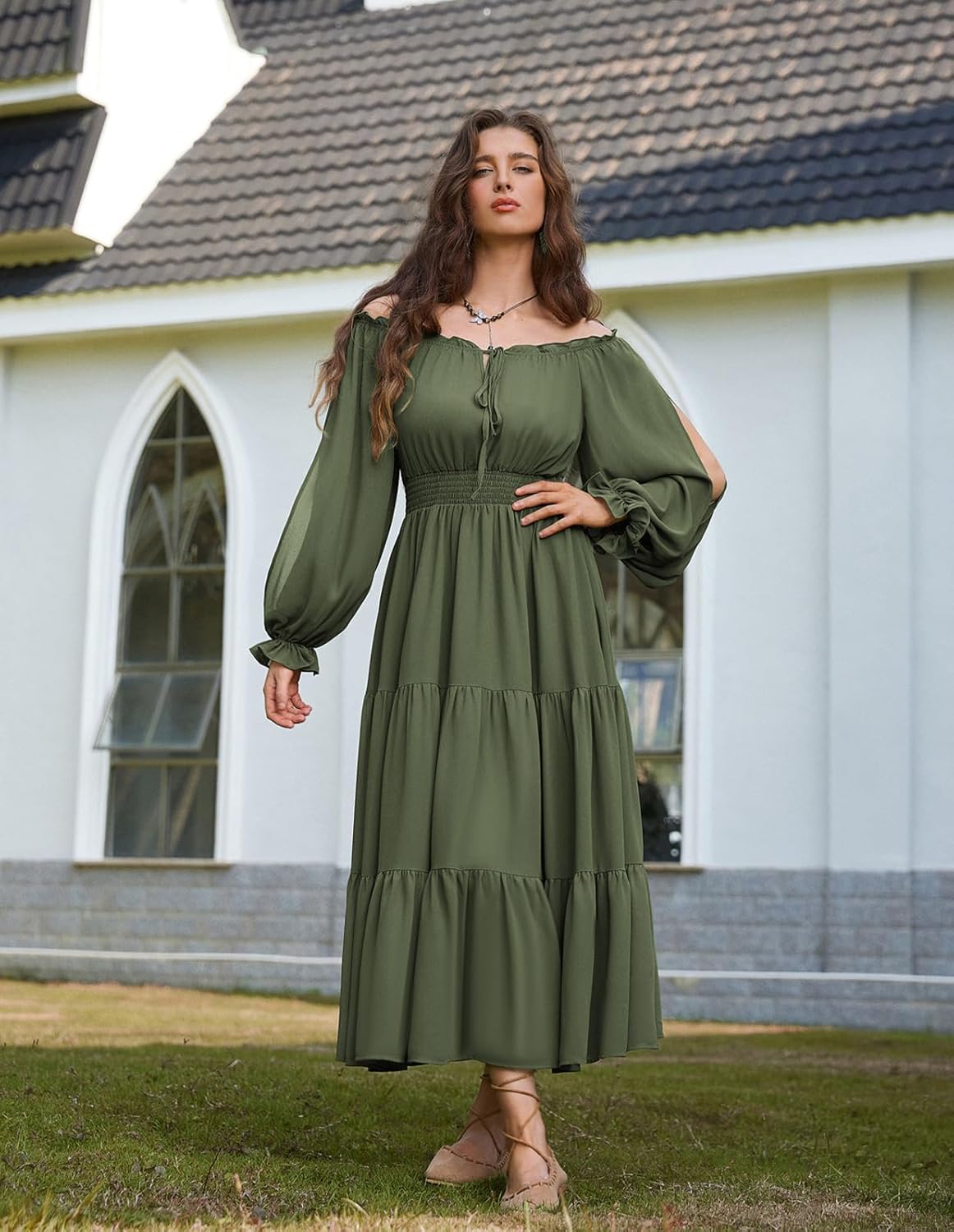 Scarlet Darkness Women Renaissance Off Shoulder Split Sleeve Smocked Waist Tiered Maxi Dress - Image 5