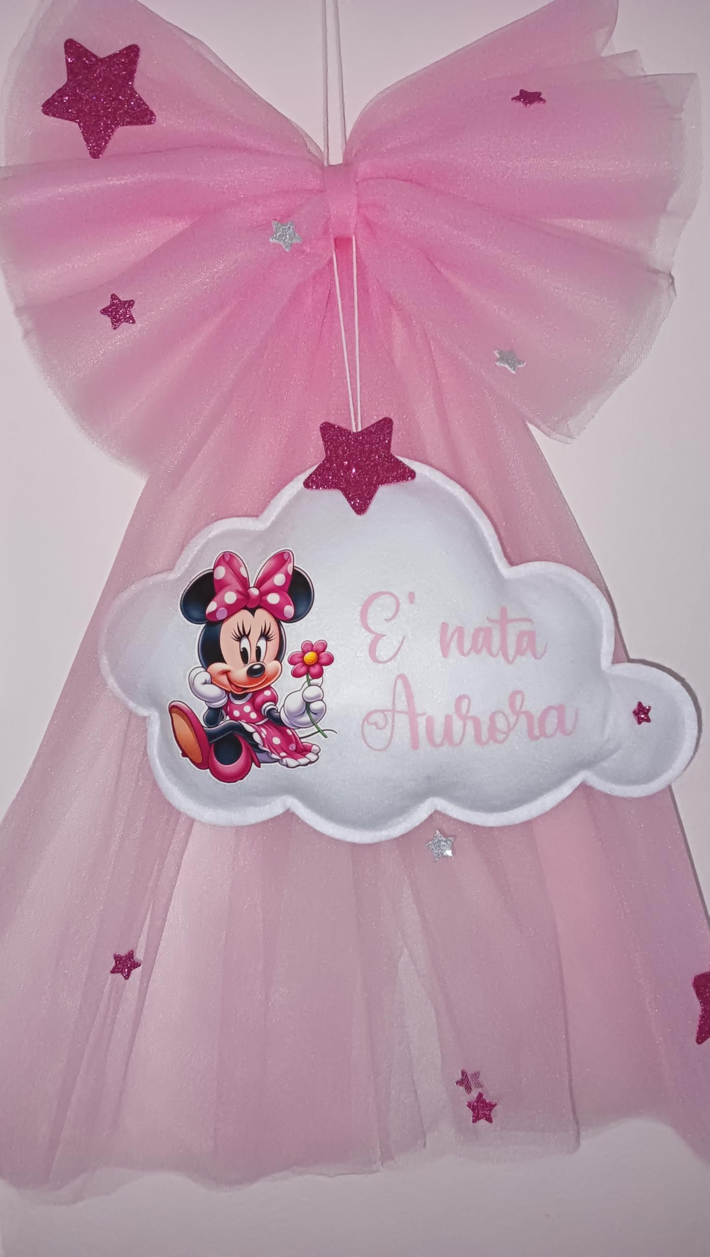 Fiocco nascita bimba in tulle rosa con nome personalizzato