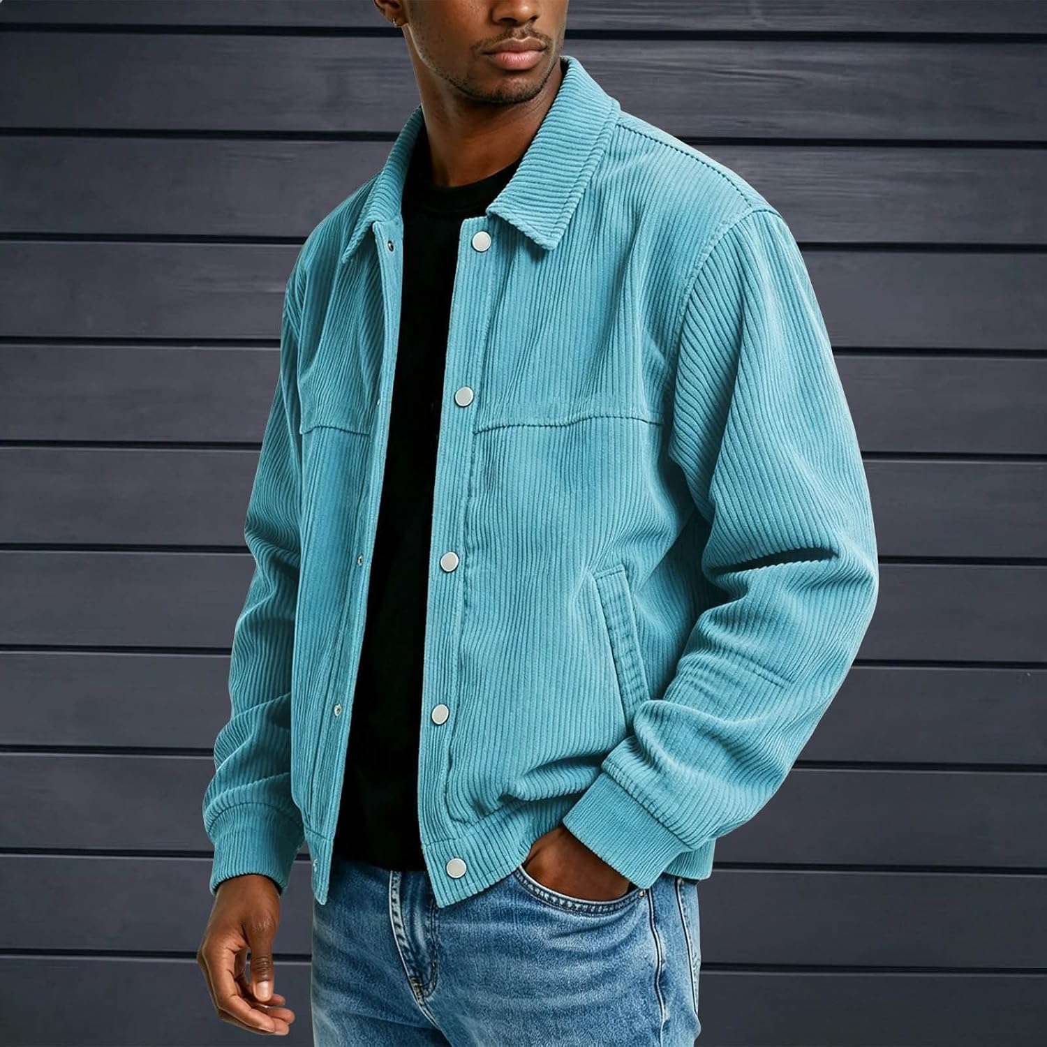 Mens Corduroy Jacket Casual Long Sleeve Button Down Collar Coat
