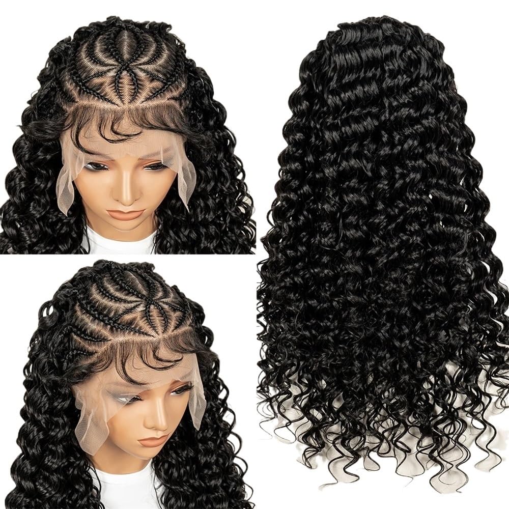 Parrucche intrecciate for donne nere, parrucca riccia con treccine, capelli sintetici Glueless con frontale in pizzo da 24 pollici, completamente bob Soffice e Naturale