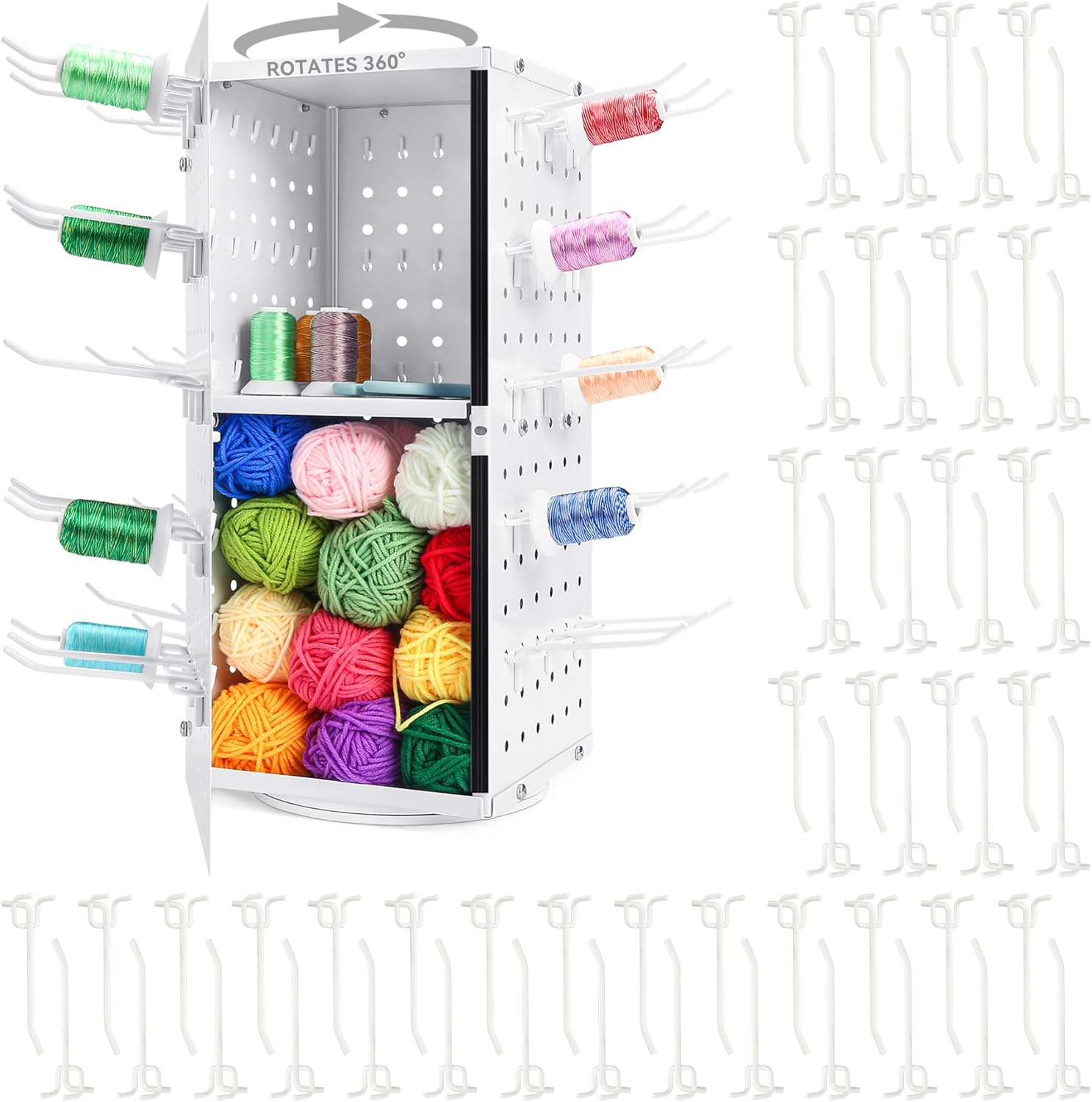 Metal 360° Fully Rotating Thread Rack, Detachable Thread Holder Organizer with Inner Storage Compartments for Sewing, Embroidery, Hair-braiding and Jewelry (White)