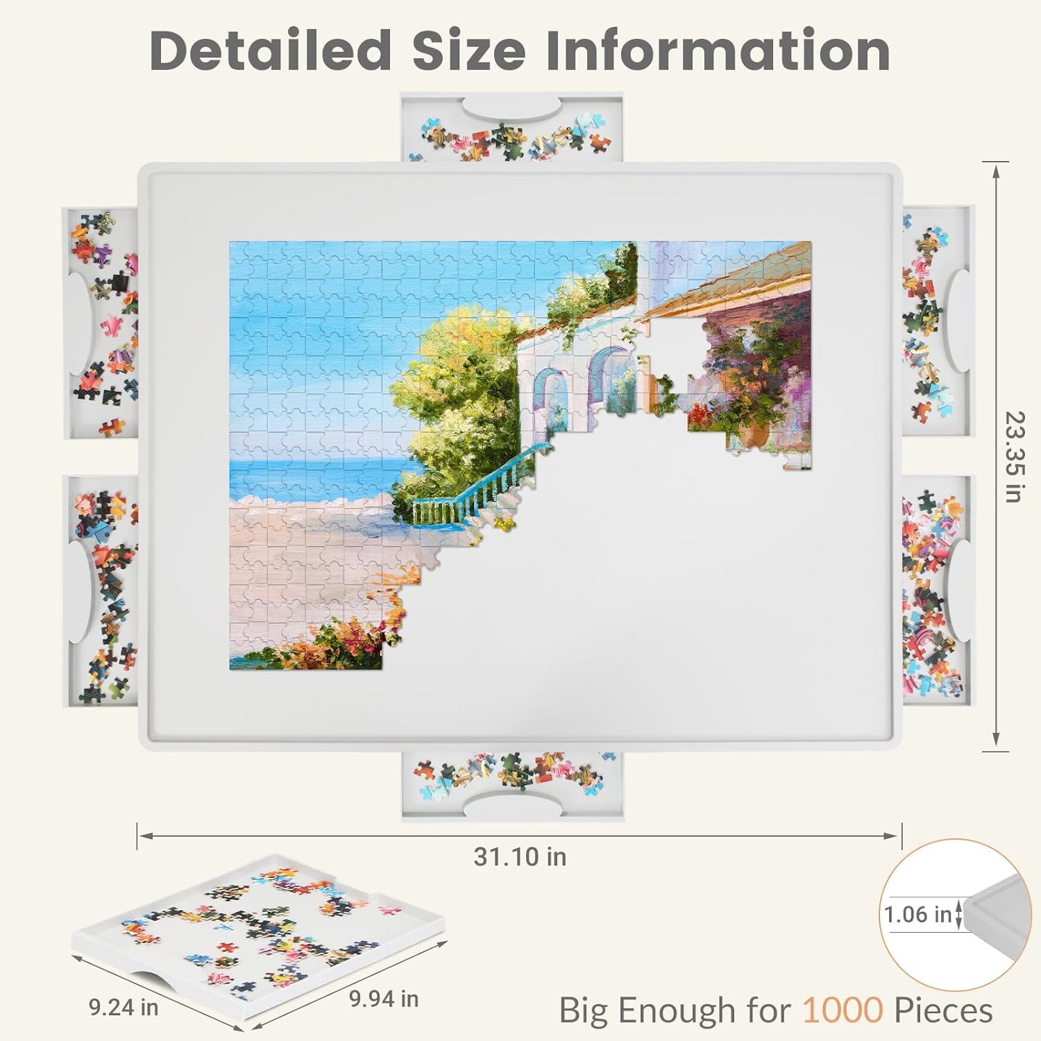 all4jig 1000 pieces lightweight rotating plastic puzzle board with 6 sliding drawers and protective cover, 360° lazy susan design, 30.2"*22.44" portable spinning puzzle table for adults, ideal gift 6 drawers small-1000pcs