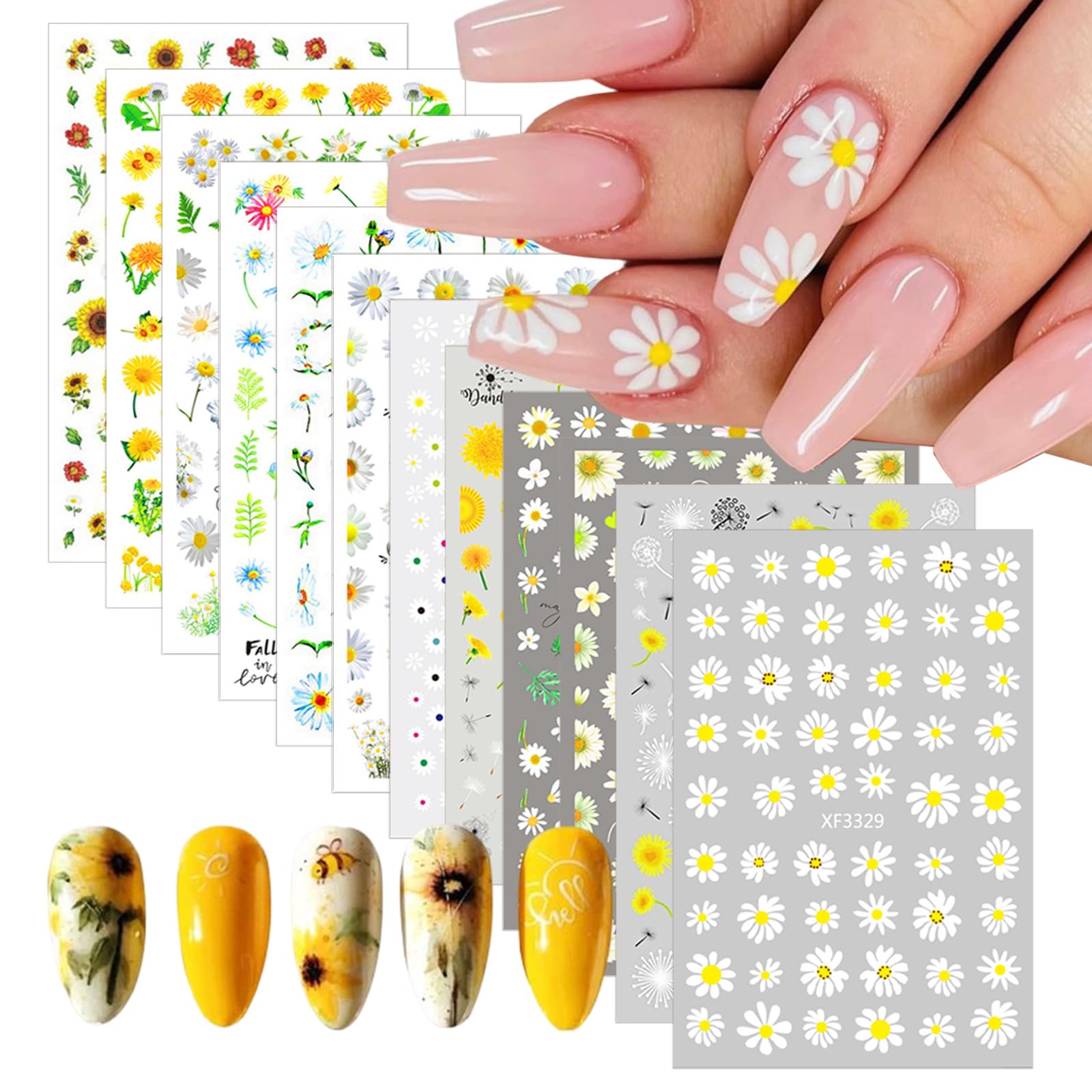 Hebterrka Nagelsticker Frühlingsdesign, 12 Blatt – Selbstklebende 3D Gänseblümchen-Sticker, UV-härtend