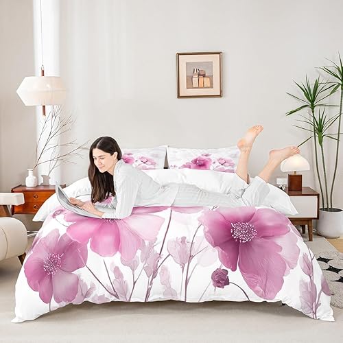 Manfei Juego de funda de edredón de flores de rosa, tamaño matrimonial, juego de ropa de cama floral de acuarela de 3 piezas para niños, niñas,