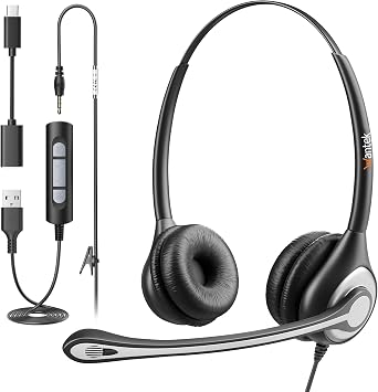 Wantek USB Headset with Microphone for PC Laptop,3.5mm/USB/Type-C Jack 3-In-1 Headphones with Noise Cancelling & Audio Controls,Teams Headset for Office,Call Center,Work,Binaural