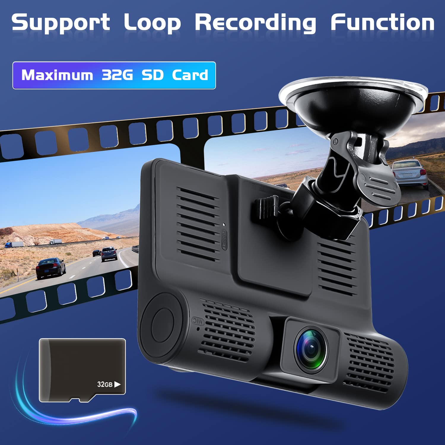 Hikity Dash Cam – Upgrade 3 kamery samochodowe do kamer samochodowych, przednich, tylnych, w pętli samochodu, nagrywanie w pętli, czujnik G, kamera Dash Cam + karta TF 32 GB