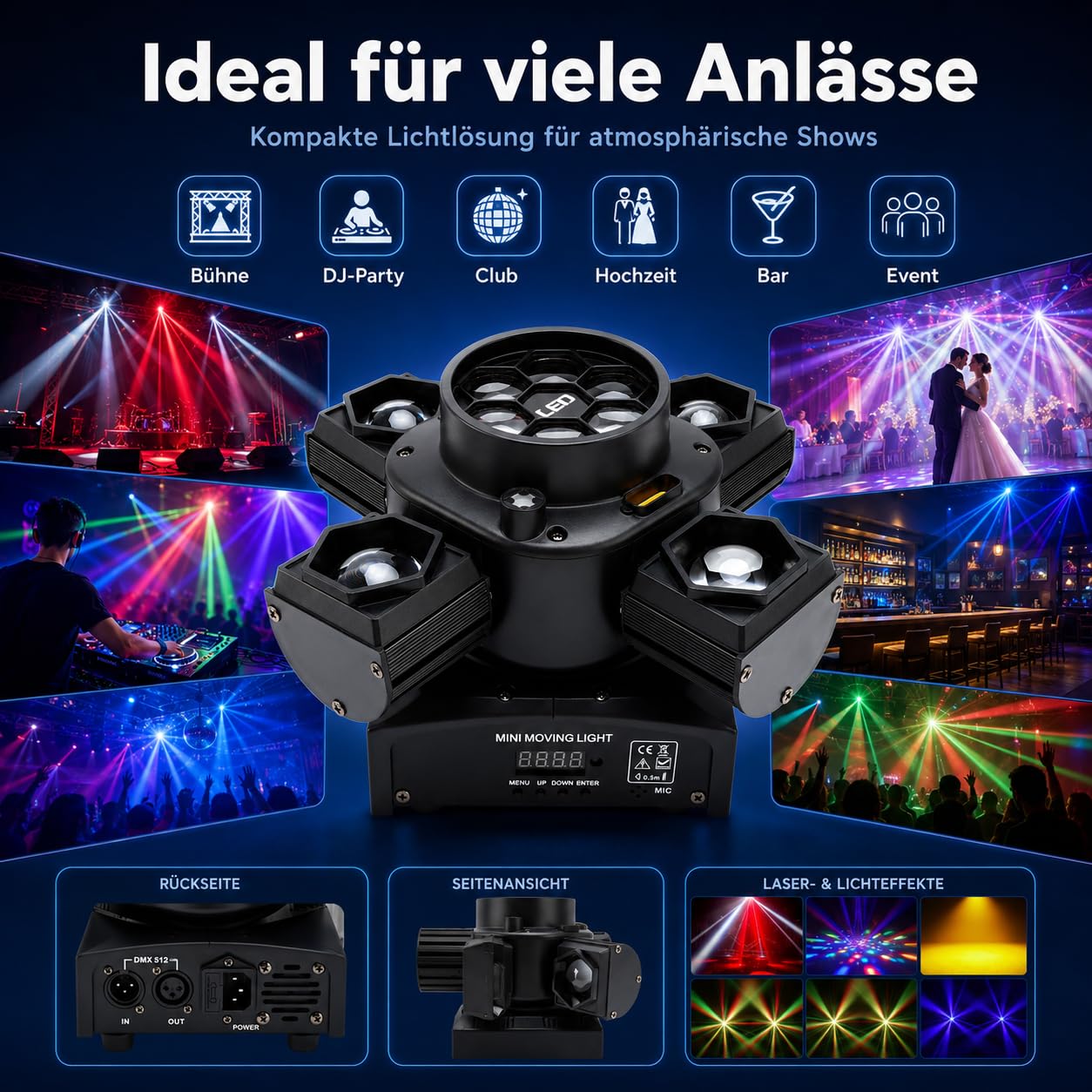 DJ Licht mit 4-in-1 Wirkung,Moving Head Licht with 14 LED-Chips,Prächtige Disco Lichter, für DJ-Events, Partys, Clubs, Hochzeiten und andere Lichtshows