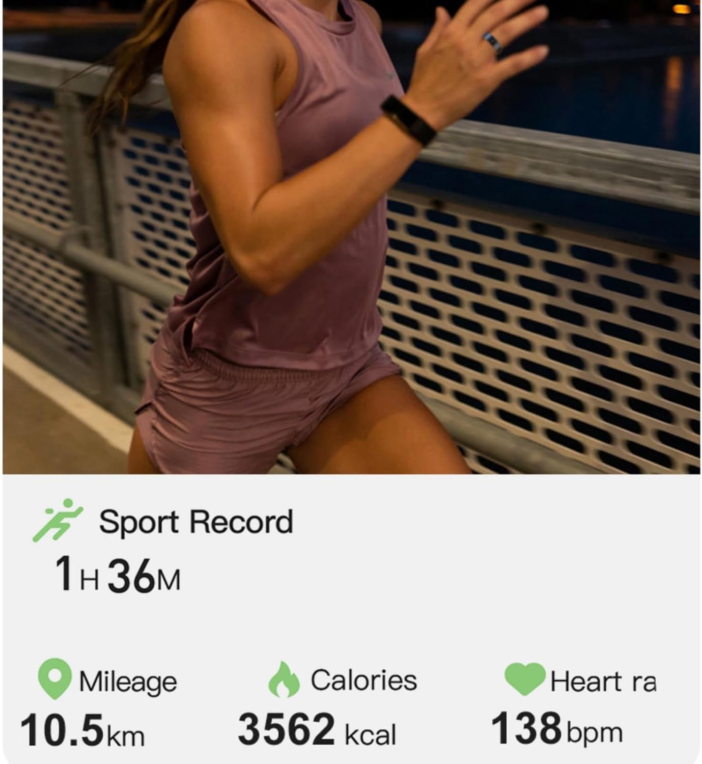 A person sleeping with an overlay showing sleep duration and breakdown into deep, light, and awake times.