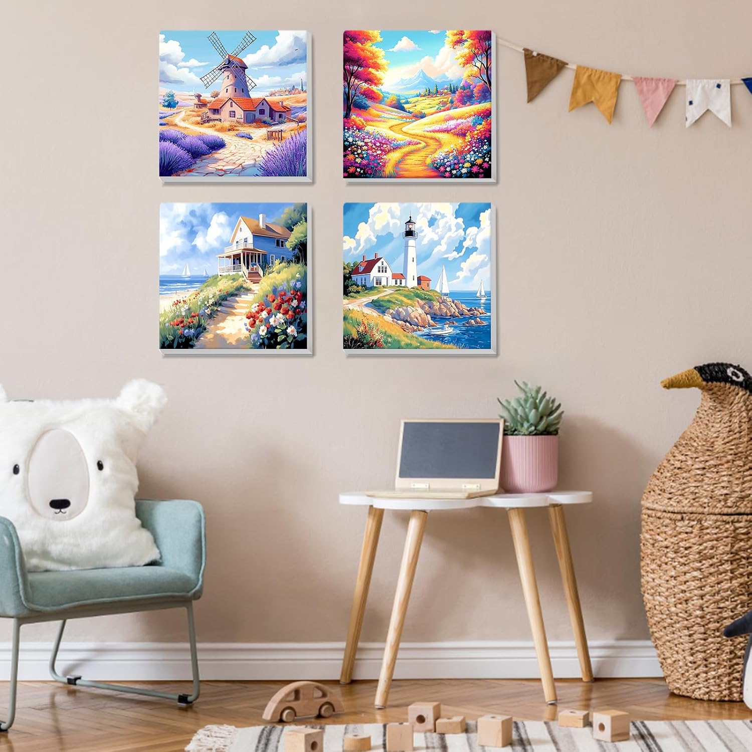 MISCER 4 Pack Landscape Paint by Numbers for Adults Beginner, Flower Paint by Number Kits for Kids, DIY Acrylic Oil Painting Suitable for Home Decoration (8x8inch)