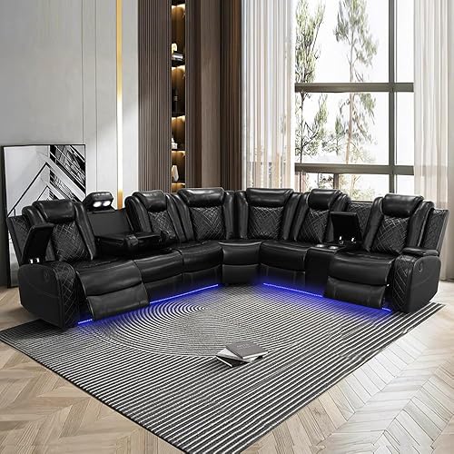 Black Leather Power Recliner Sectional Sofa Set with LED Light,L-Shaped