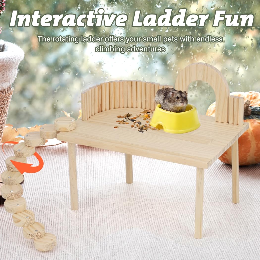 Hamster Spielständer aus Holz mit Kletterleiter Meerschweinchen Spielplatz mit Zaun Aktivitätsspielzeug für Eichhörnchen, Rennmäuse, Ratten