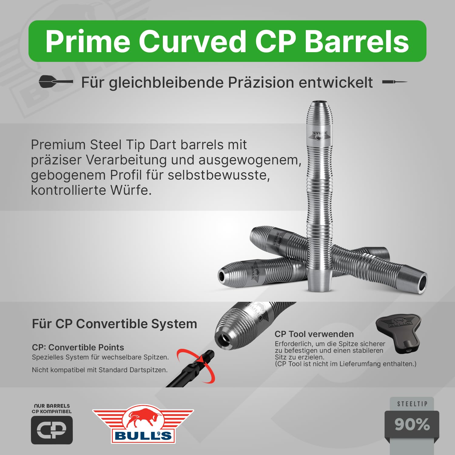 Bull's Prime Curved 90% Tungsten Dart Barrels für engere Gruppierungen - Ergonomisches Curved Design mit Präzisions-Ring Grip, Steeldart Barrels - 50 mm, 22g 23g 24g, 3er Barrel Set