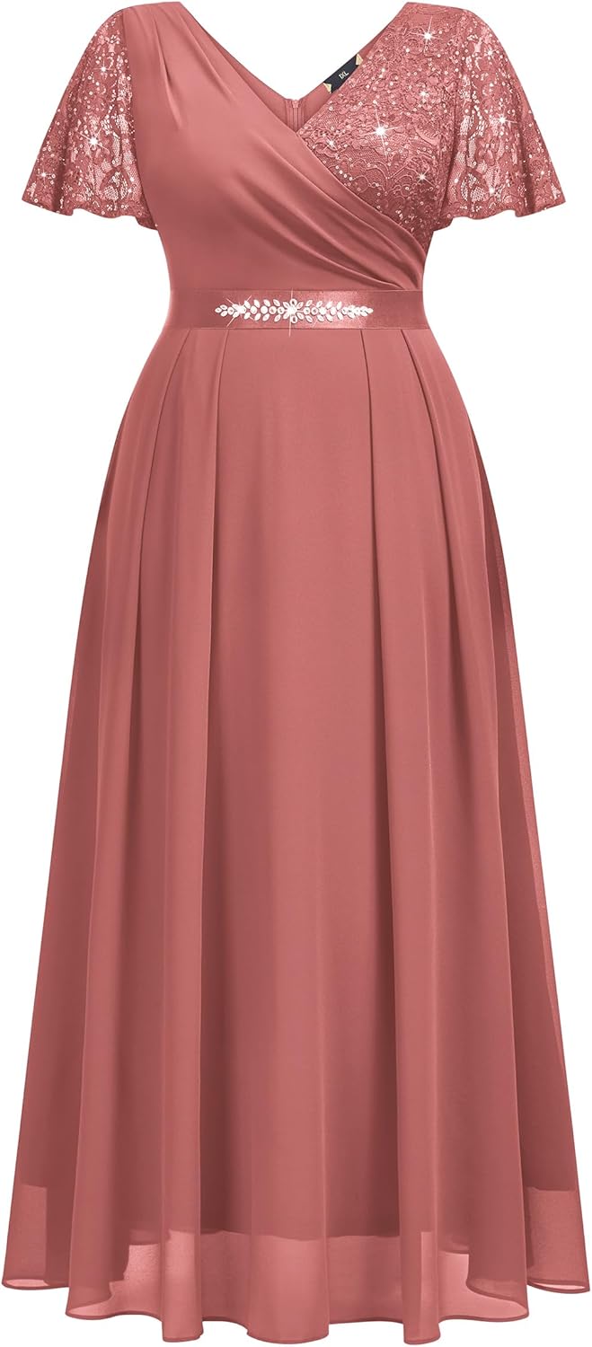 MISSMAY Women's Plus Size Wrap V Neck Sequins Lace Contrast Chiffon Formal Maxi Dress with Rhinestone Ribbon Waist - Image 5