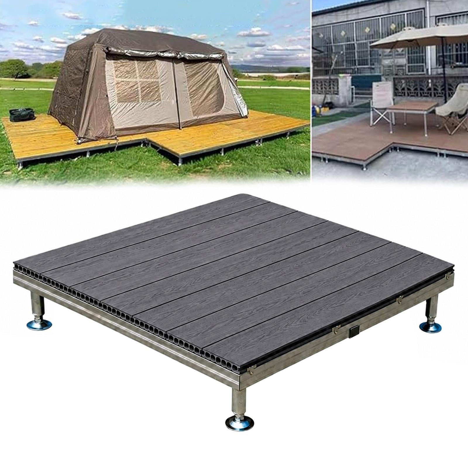 Piattaforma rialzata in legno composito impermeabile fai-da-te, Antiscivolo | Terrazza modulare resistente alle intemperie, Telaio in metallo, altezza regolabile, Per patio, giardino(Grayish brown)
