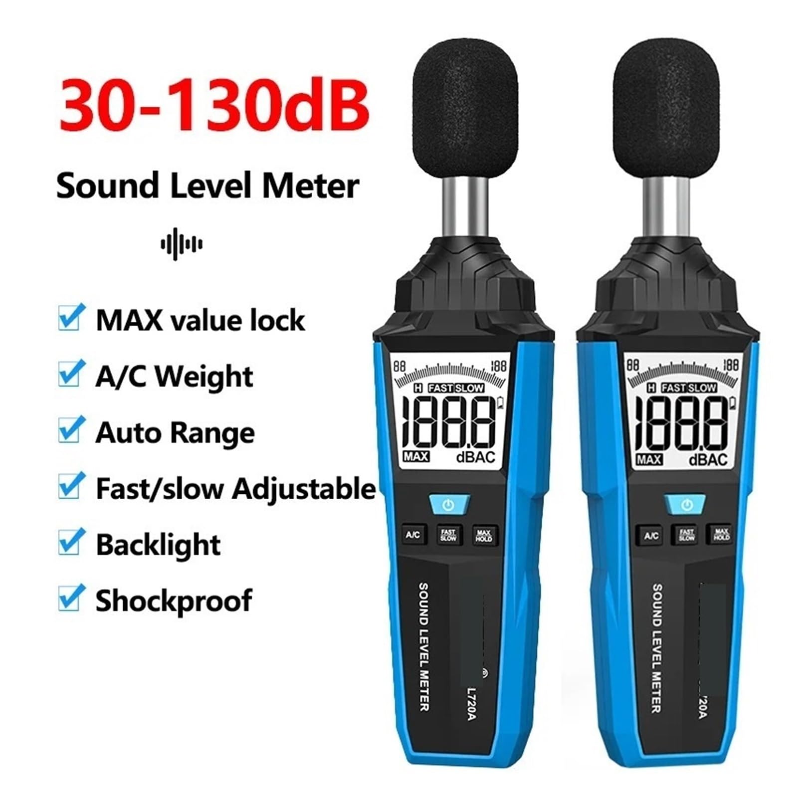 Fonometro Digitale Fonometro 30~130dB Decibel Misurazione del Rumore Valore Massimo Mantenimento Dati Ponderazione A/C Misuratore di Regolabile Veloce/Lento Tester del Livello di Rumore Decibel