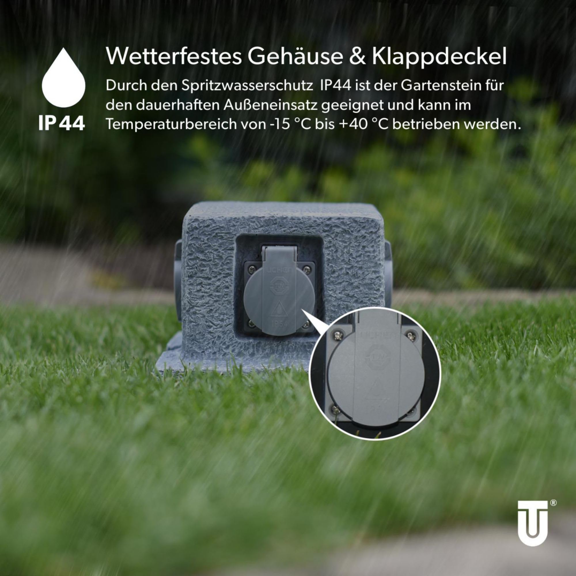 UNITEC Distributore di prese da giardino effetto pietra, presa da giardino, presa esterna, IP 44, 4 prese, colonna