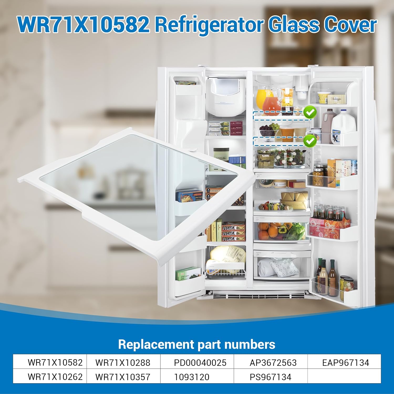 WR71X10582 Refrigerator Glass Shelf Compatible With GE, Hotpoint, RCA Fridge, Tempered Glass Shelf Replacement WR71X10262, WR71X10288, WR71X10357, PD00040025, 1093120, AP3672563, PS967134, EAP967134
