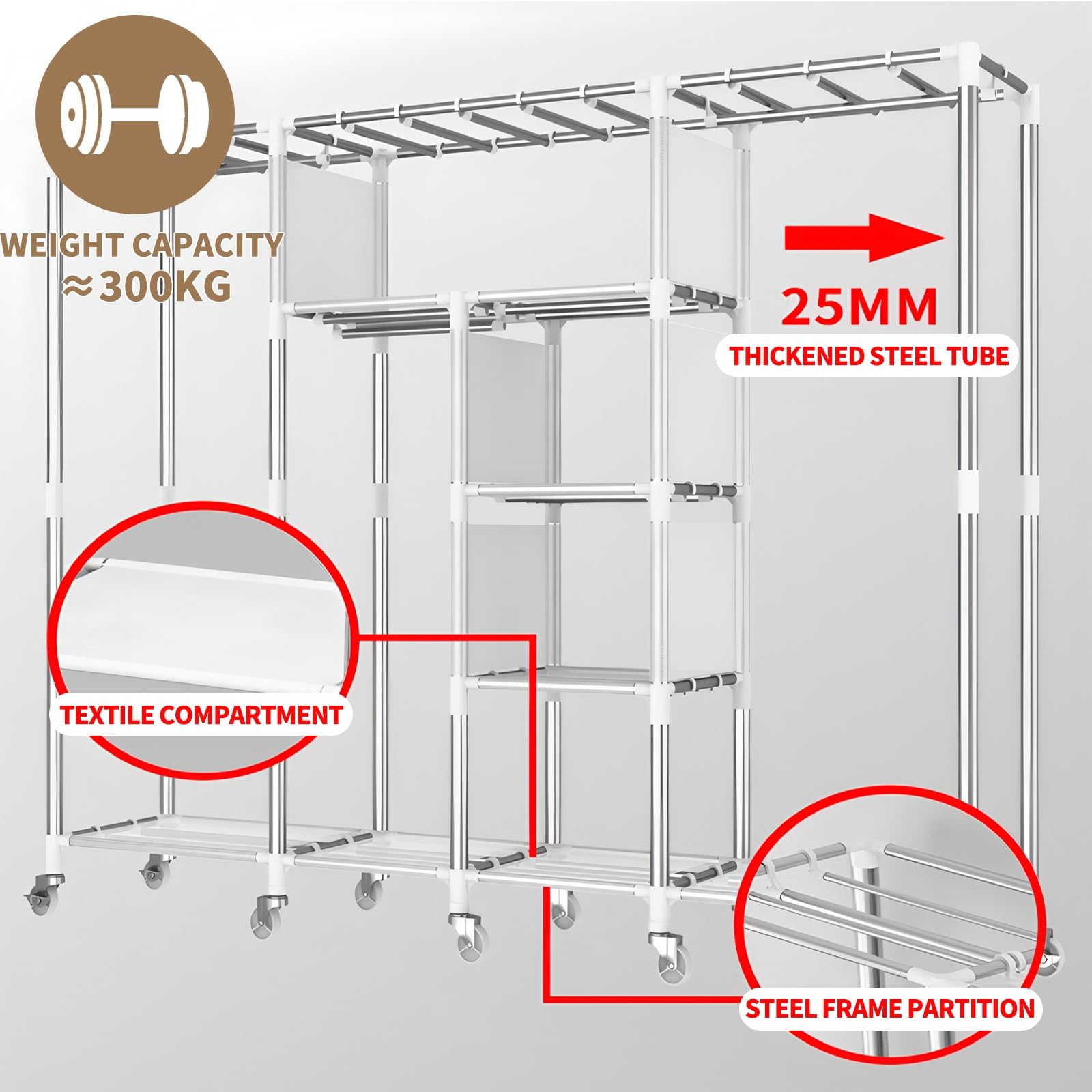 Armario de Ropa con Ruedas, Armario de Tela con Tapa, Armario Portátil con Cremallera, Colgar y estantes, Gran Capacidad Armario Vestidor de Tela para Dormitorio, Estudio