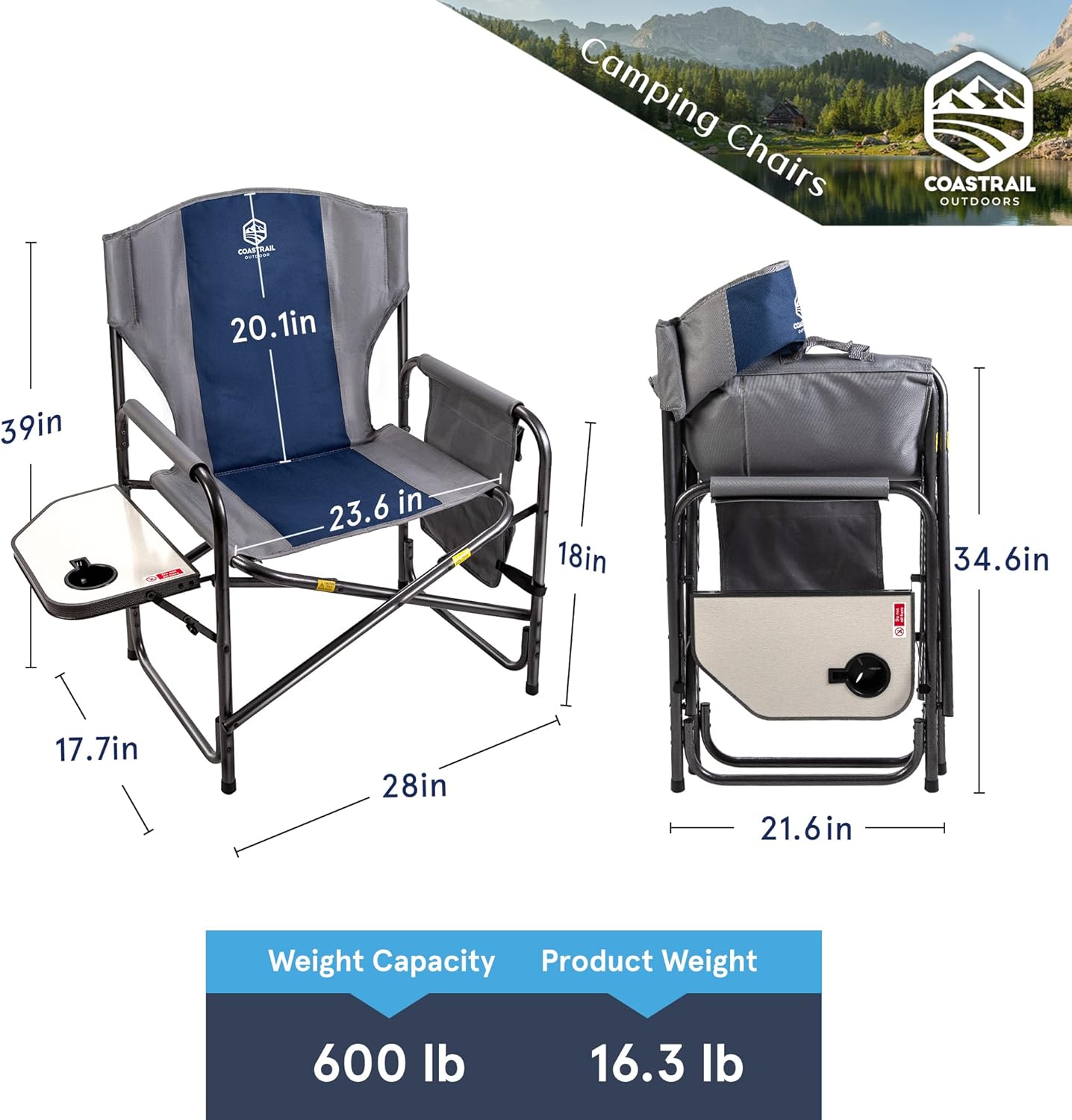 Coastrail Outdoor XXL Oversized Director Chair Supports 600lbs, 28" Wide Fully Back Padded for Adults Heavy Duty Folding Camping Chair with Side Table & Storage Pocket, Blue : Sports & Outdoors