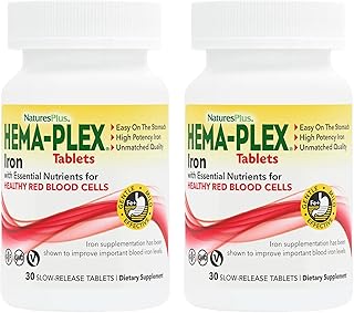 Nature's Plus Hema-Plex Iron - 30 Sustained Release Tablets, Pack of 2 - 85 mg Elemental Iron - Total Blood Health - with Vitamin C & Bioflavonoids - Vegan, Gluten Free - 60 Total Servings