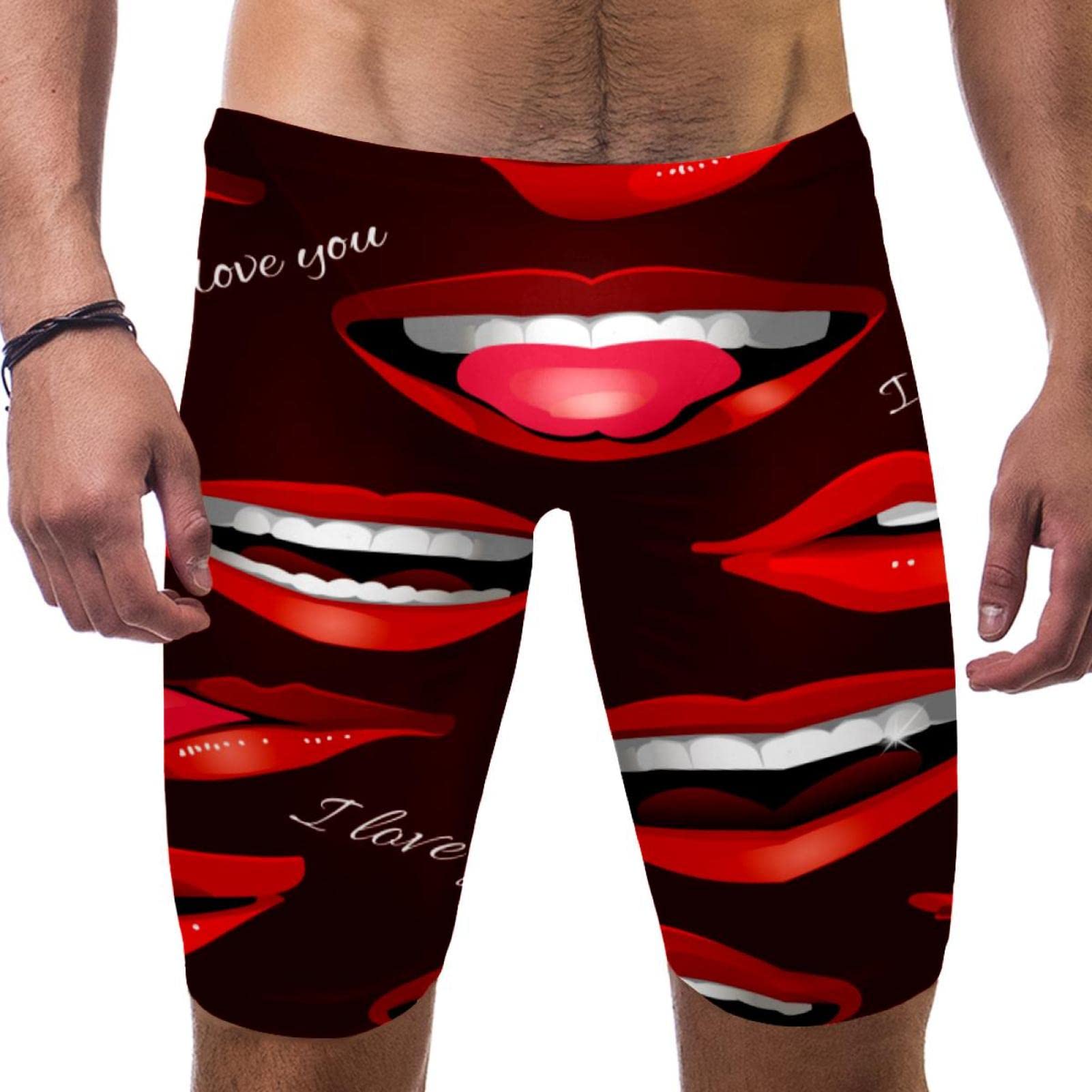 Traje de baño de natación sexy para hombre tipo jammer elástico con labios rojos 7