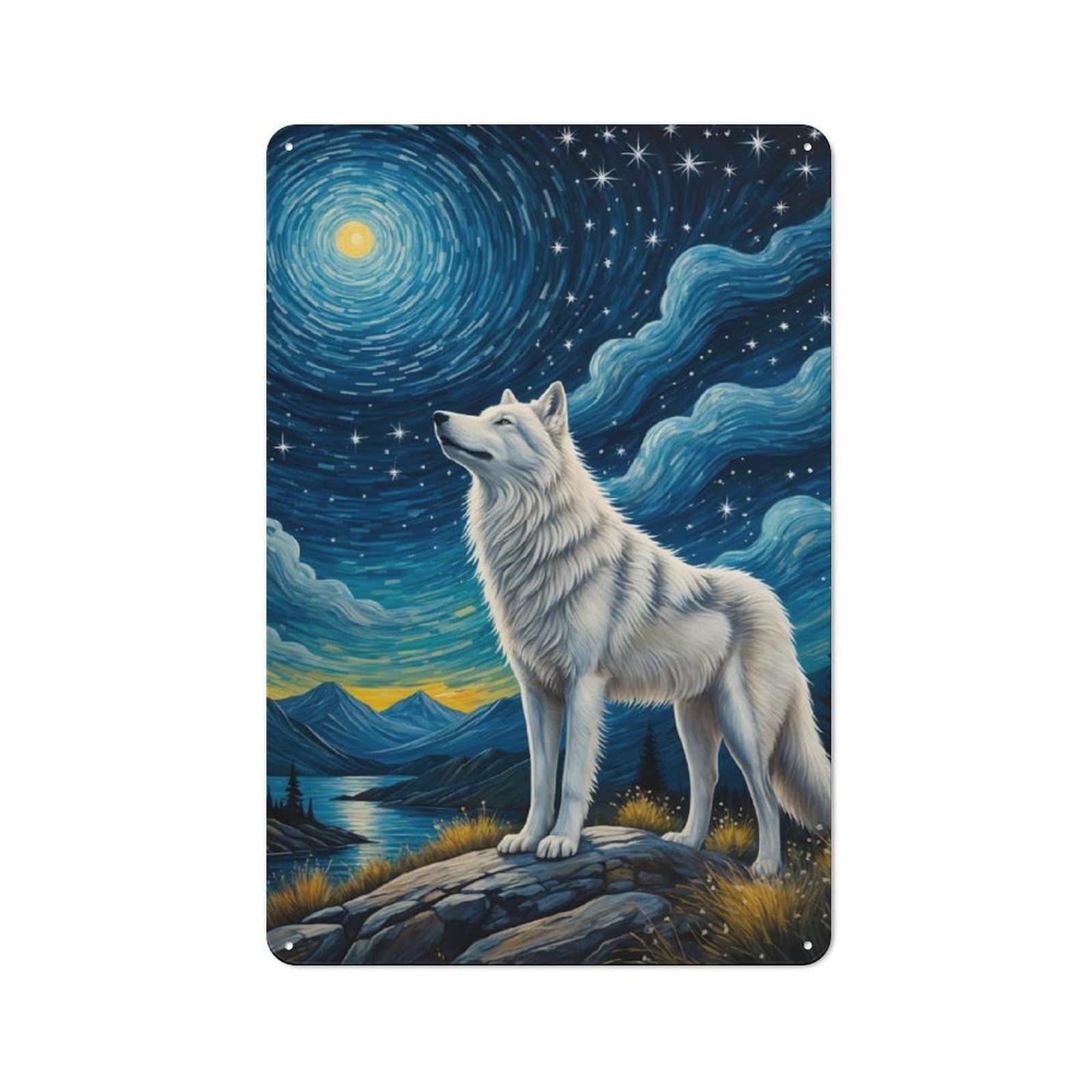 Junmoney Arctic Wolf Starry Night Country Vintage Metal Wall Decor 30X20cm, Country Metal Sign For Kitchen, Cottage, Porch Or Garden Room