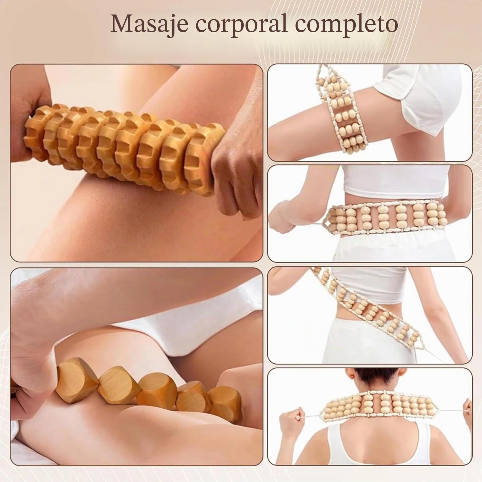 Kit Maderoterapia Corporal 6 en 1, Masajeador Lipedema Celulitis Maderoterapia Corporal Rodillo Gua Sha, Rodillo de Fascia, Herramientas de Esculpir | Kit profesional de maderotéresis, con rodillo de fascia, tabla Gua Sha y cuerda de masaje