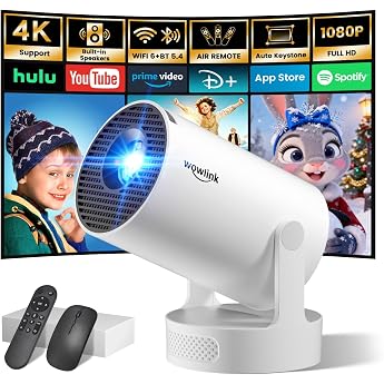 Mini Projector Supports 4K 1080P Portable Projector with WiFi 6 and Bluetooth 5.4 Small Projector Car Keystone 180  Adjustable Compatible with HDMI/TV Stick/Memory Stick/Laptop Beige