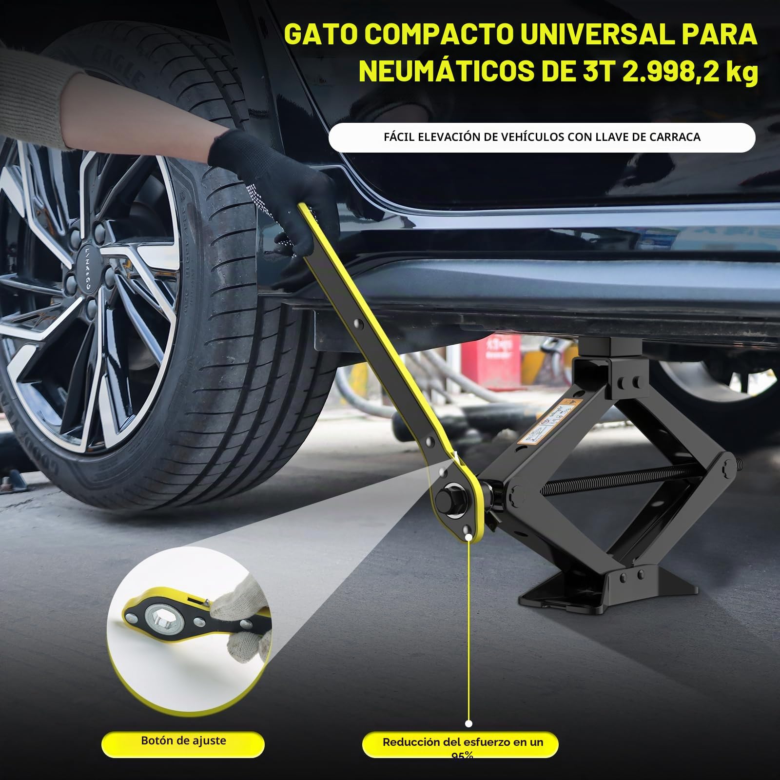 IMAYCC Gato para Coche 3T/3000kg, Kit de Gatode Tijera Universal Gato de Coche Portátil conManivela Y Llave Telescópica para Tuercas de Rueda Accesorios para Vehículos SUVs Kit de Emergencia