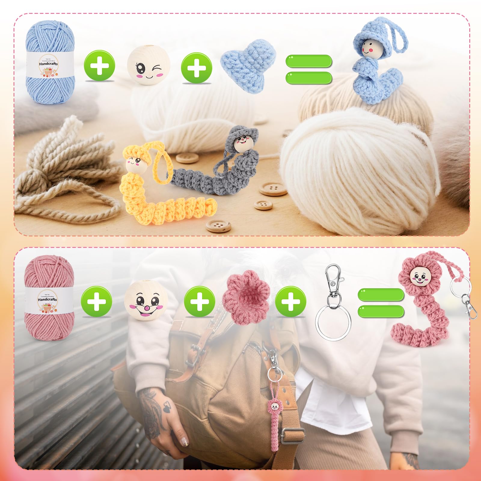 Coopay Worry Worms - Set all'uncinetto per vermi fortunati con 6 gomitoli da 25 g, 40 palline di legno, set all'uncinetto per bambini