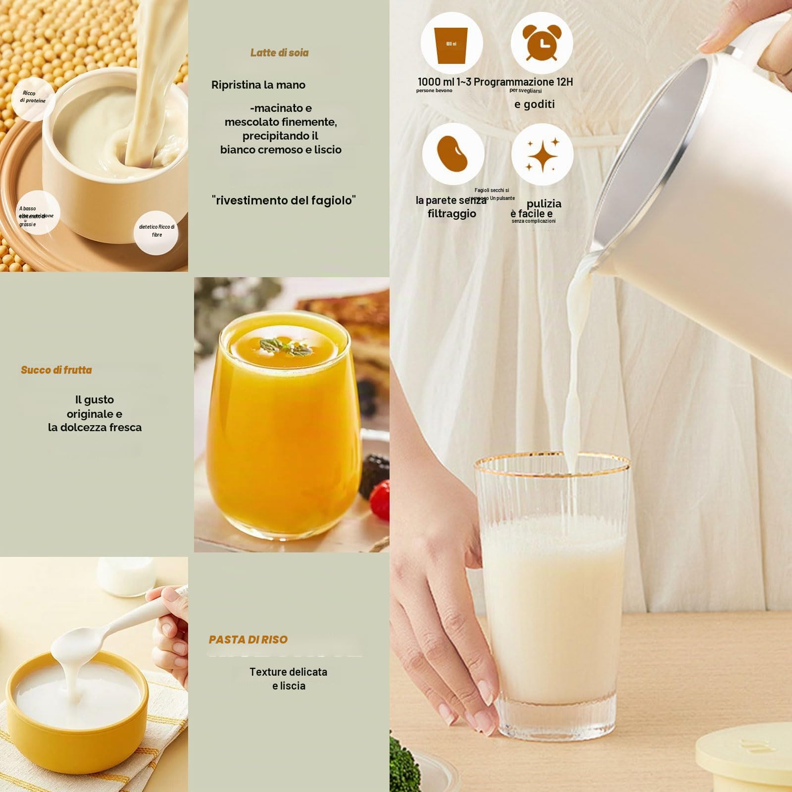 Macchina per Latte di Soia, 1000ml Macchina per Latte di Soia Multifunzionale Macchina per Il Latte di Noci Latte Vegetale Macchina con Timer Pulizia Automatica, per Zuppe, Latte di Soia