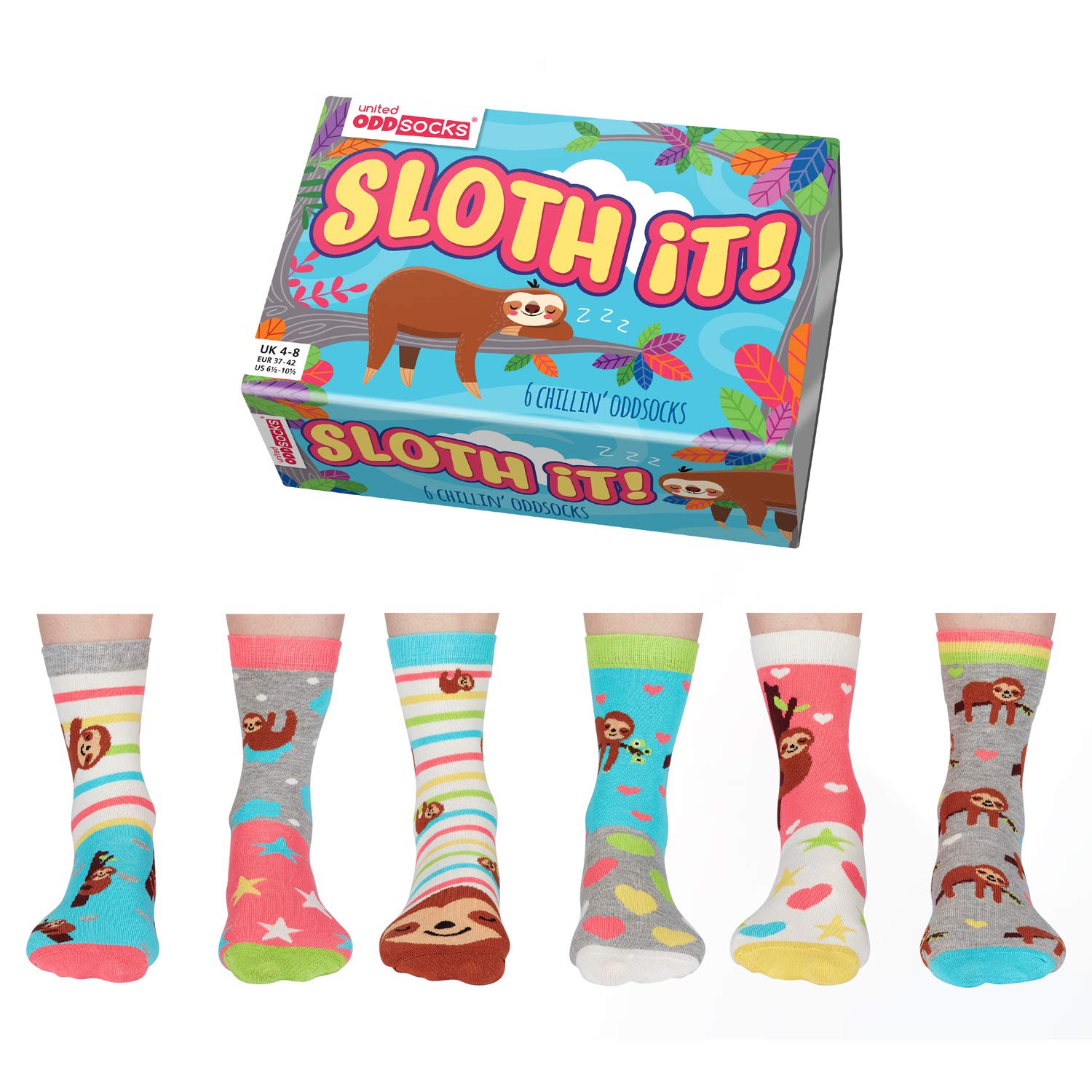 Sloth It Ladies Gift Box – 6 Colourful Odd Socks for Women – UK 4-8, EUR 37-42, US 6.5-10.5 – Relaxing Sloth-Themed Socks for Mixing and Matching – Cute, Quirky Gift for Her