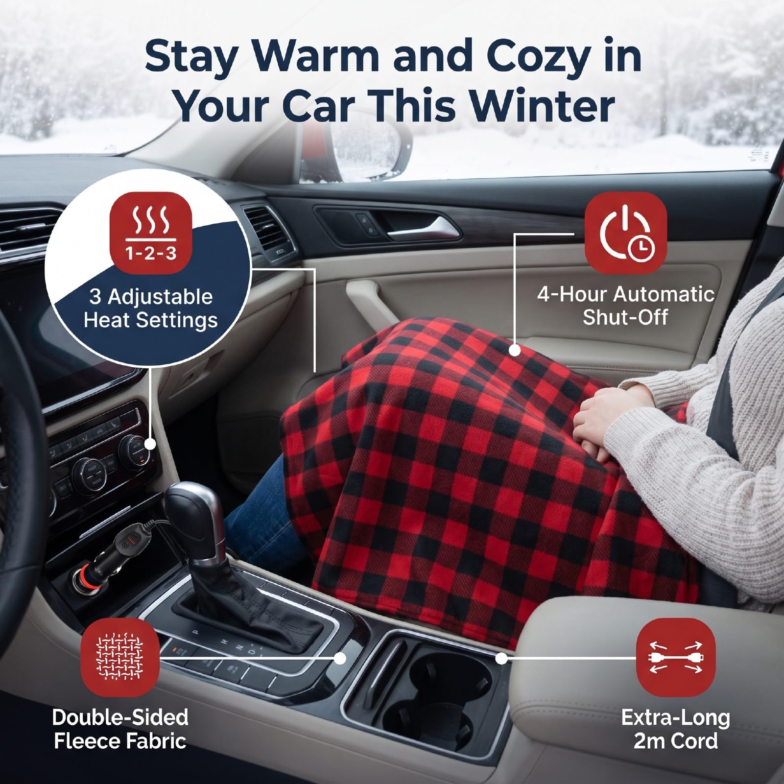 Yctze Coperta Elettrica per Auto 12V, 3 Livelli, 4H Off | Scaldaginocchia, Fodera in Pile Fronte-retro, Campeggio e Viaggi, Veicoli, Camion, SUV e , Porta 12V