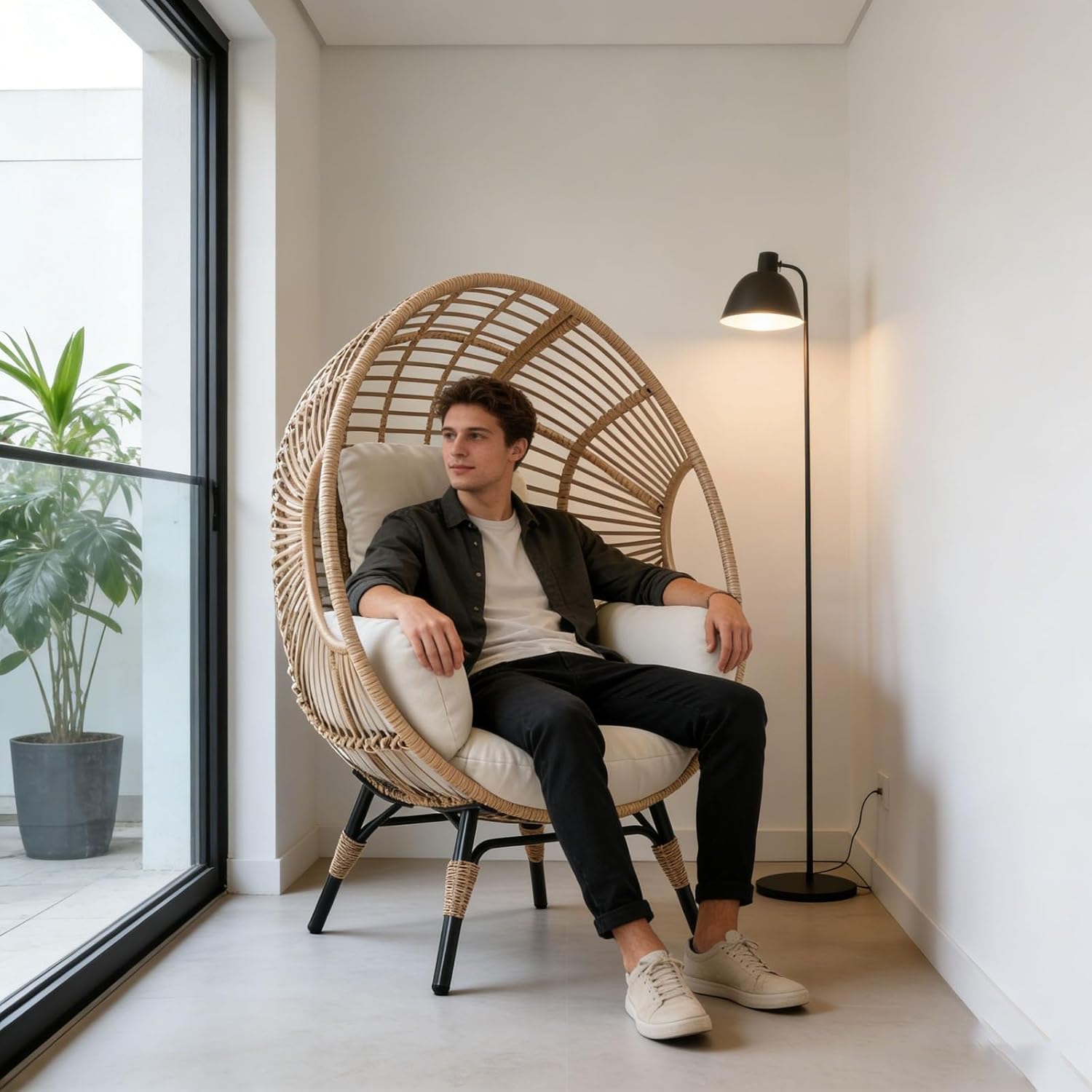 Indoor Egg Chair Wicker, Outdoor Use Available, 400lbs Capacity, Weather-Resistant PE Rattan Balcony Chairs(Natural)