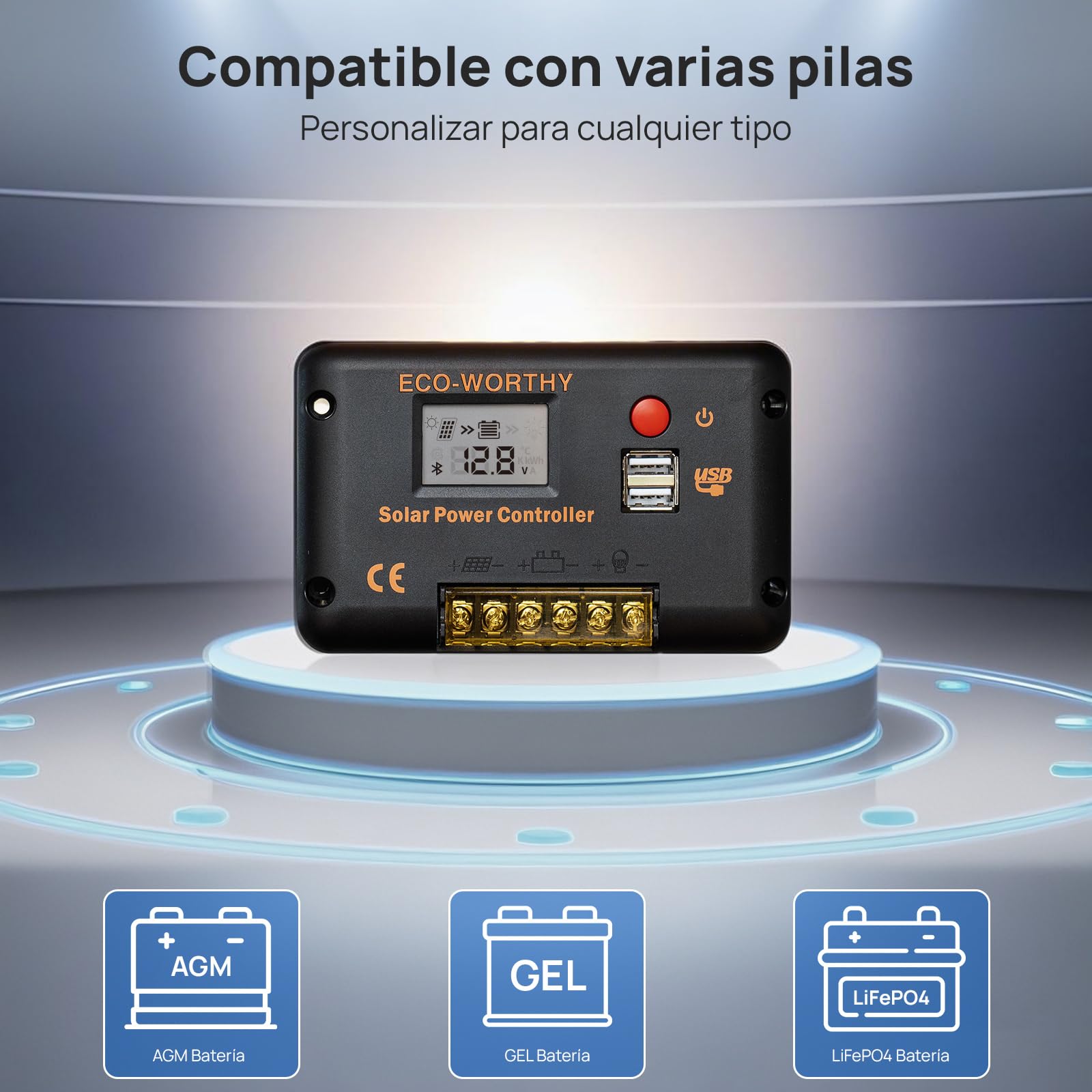 ECO-WORTHY Regulador de Carga Solar 30A Controlador inteligente para paneles solares y baterías con 2 puertos USB 12/24 V PWM Apto para bateria lifepo4, plomo-ácido y gel