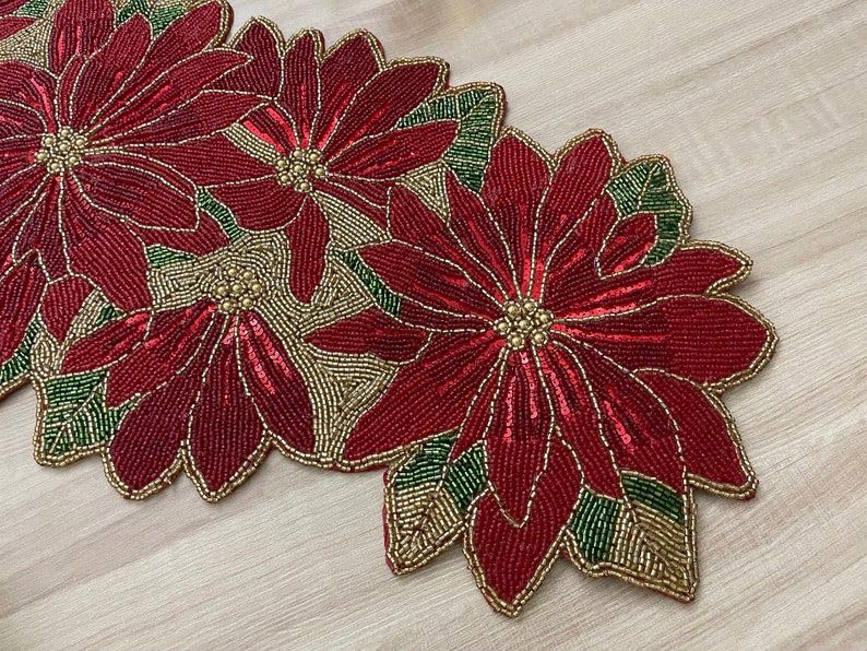 Image of MFU - Made For You Handmade Beaded Table Runner, Red Flower Design, 13 x 36 Inch | Decorative Rectangular Table Runner for Dining Table, Center Table & Home Decor