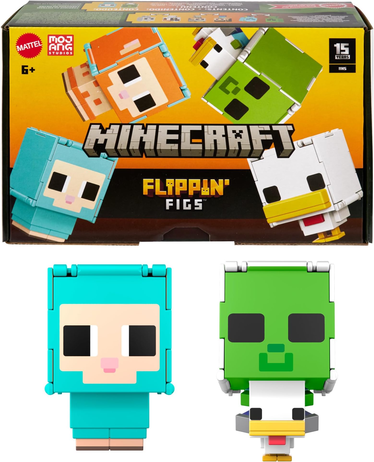 Minecraft Flippin’ Figs Sheep & Chicken Figures 2-Pack with 2-in-1 Fidget Play, Large Heads & Pixelated Design, HXK17