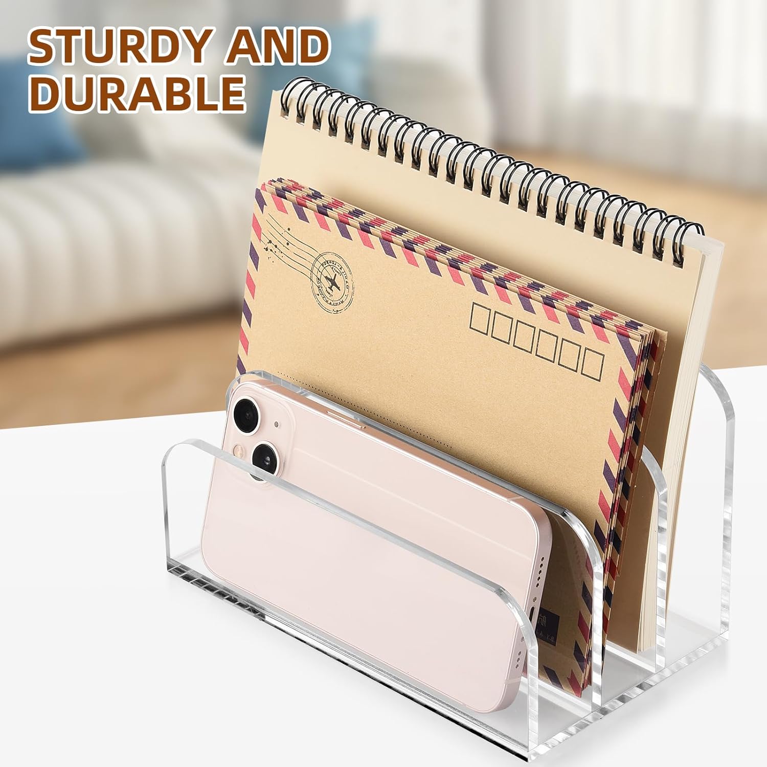 Acrylic Mail Organizer 3 Section, Clear Desktop Mails Sorter Office File Holder, Multifunction Acrylic Desk Organizer for Document, Letter, Notebook
