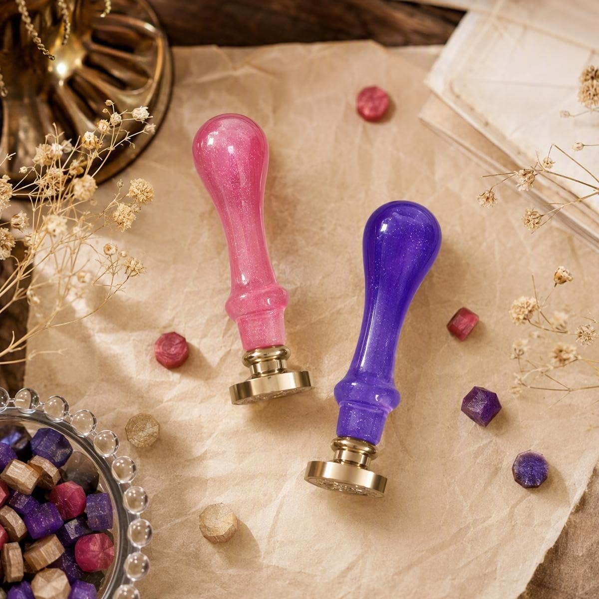 LANKIN 2 Pcs Wax Seal Stamp Handle Only, Resin Handle Replacement Sealing Stamp Handle, Bubble Handle Wax Stamp for Wedding Invitations, Thanksgiving Cards, Envelopes, Gift Wrapping (Red and Purple)