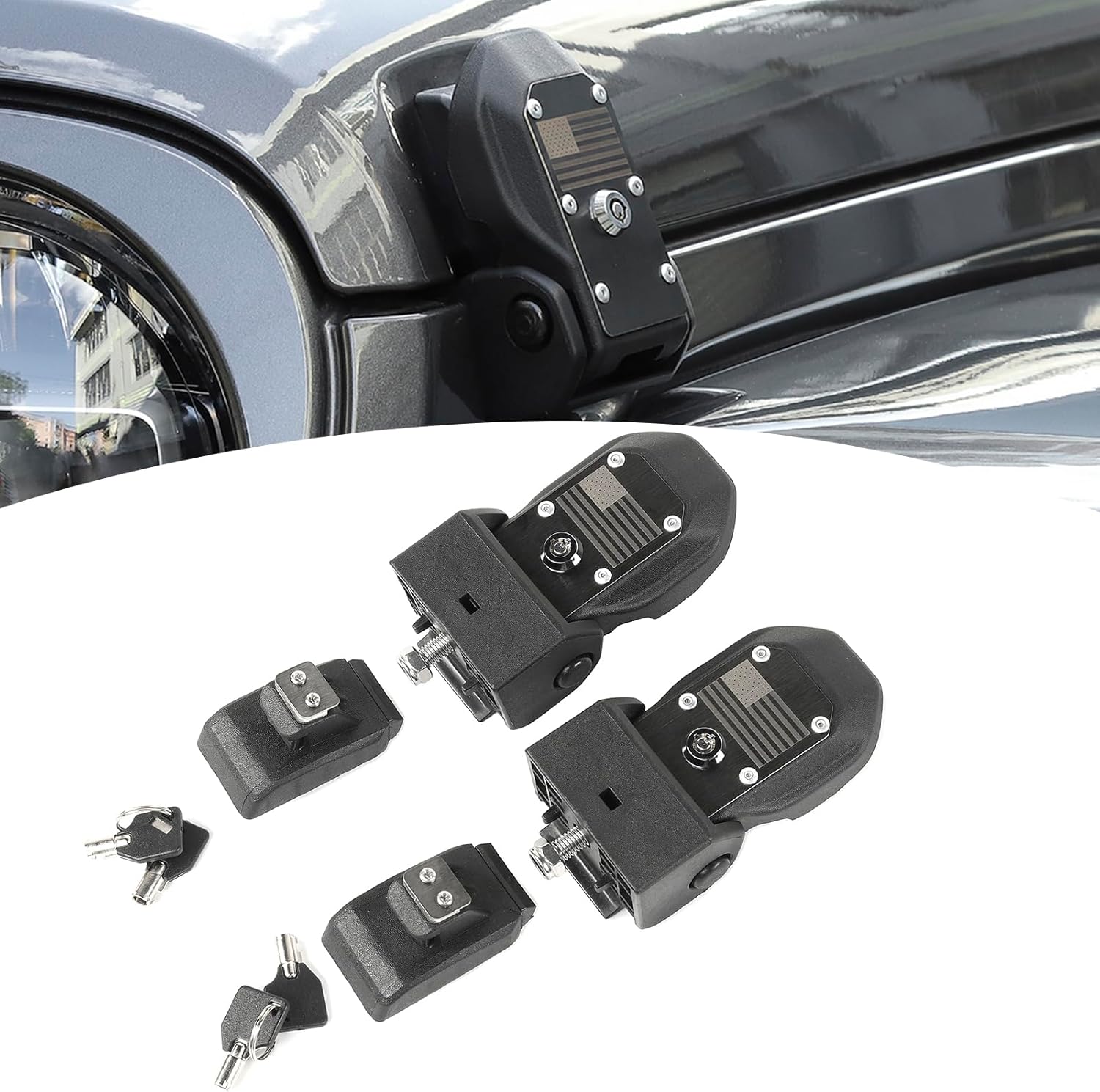 for Jeep JL Hood Latch Hood Catch with Lock for Jeep Wrangler JL JLU 2018-Present for Gladiator JT 2020-Present Black Hood Catch Locking Accessories with USA Flag
