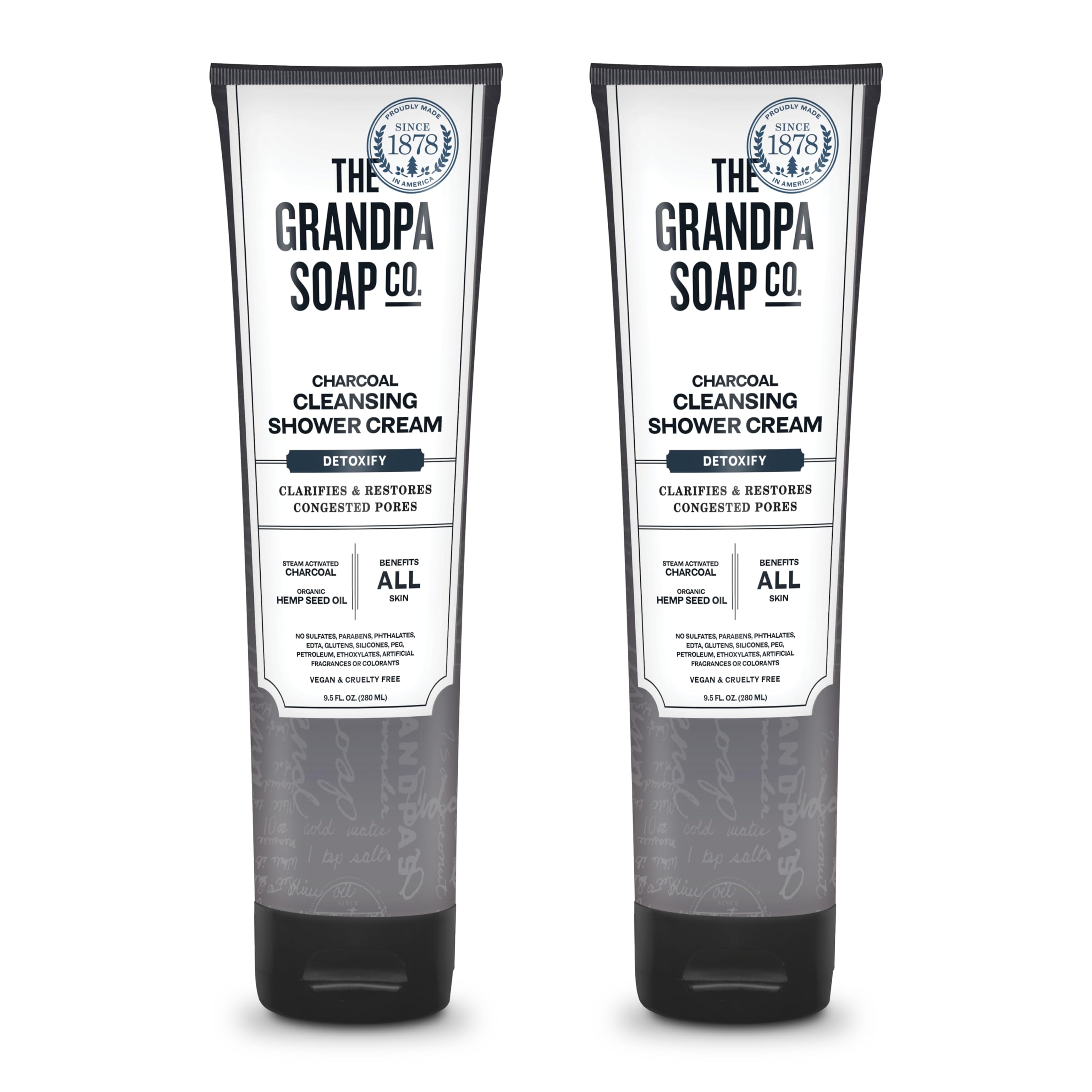 The Grandpa Soap Company Charcoal Cleansing Shower Cream - Clarifies & Restores Congested Pores, With Activated Charcoal & Hemp Seed Oil, Detoxifies,