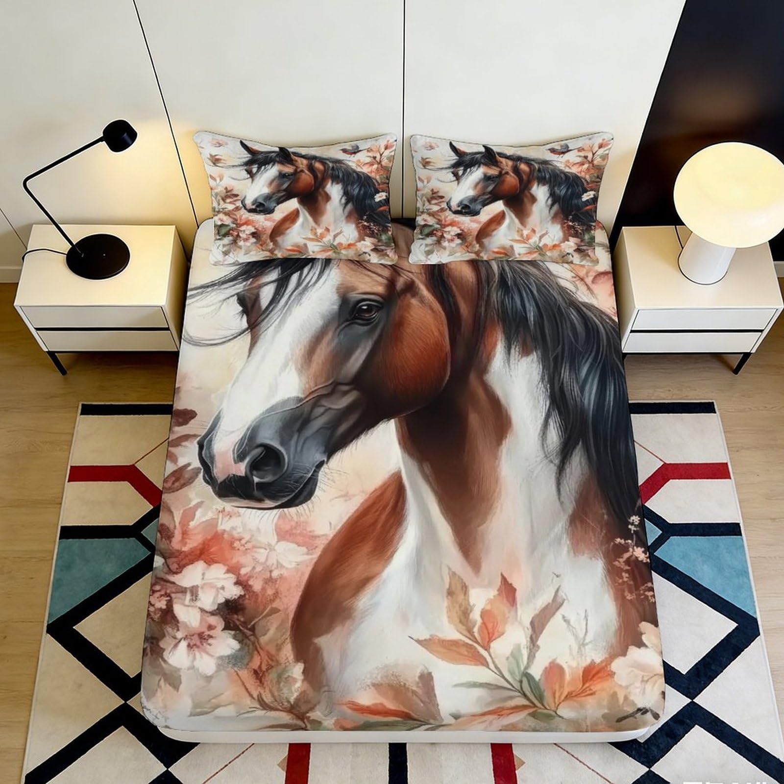 3D Printed Horse Pattern Fitted Sheet Microfiber Deep Pocket Non-Slip Bedroom Bedding Horse Mattress Fitted Cover Washable Wrap 90x200x25cm