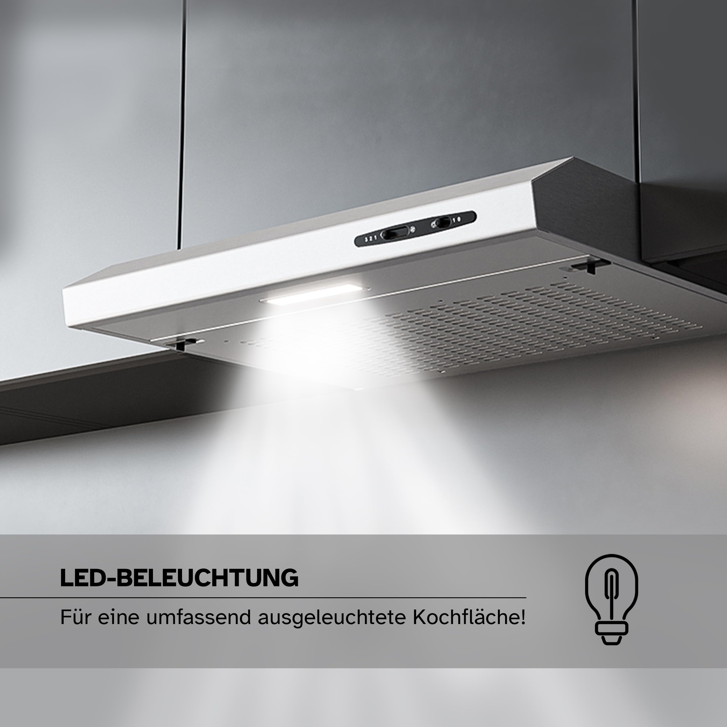HEINRICHS Dunstabzugshaube 60cm Unterbauhaube Abluft/Umluft 212m³/h LED 3 Stufen Kohlefilter 87W Edelstahl
