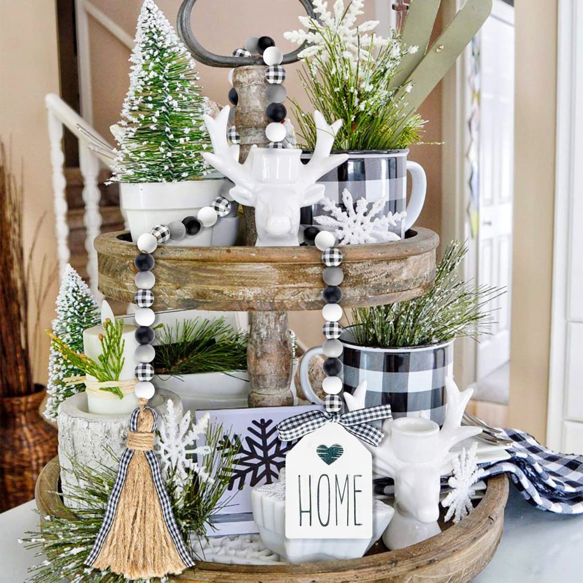 Wood Bead Garland Decorative Home Decor, Farmhouse Beads With