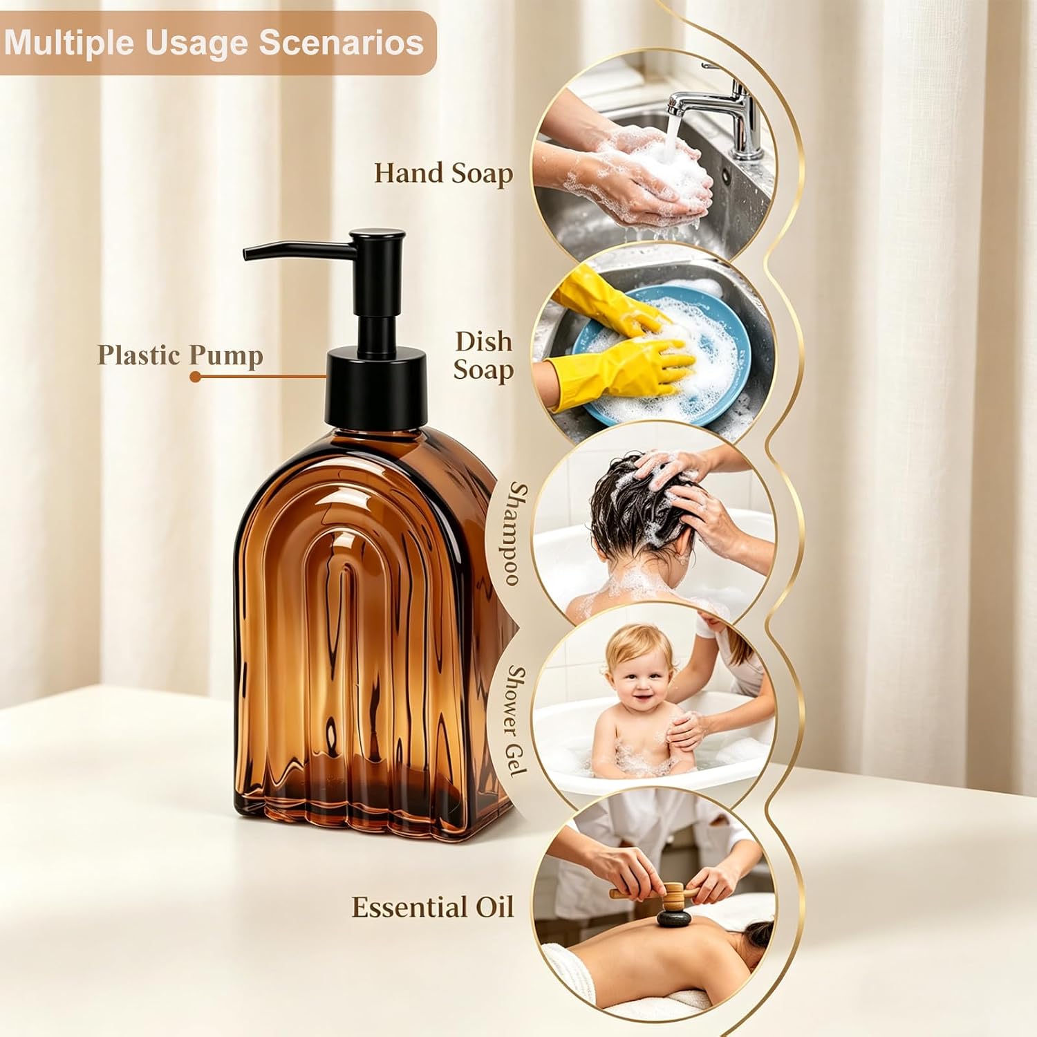 YYTSGG Amber Glass Soap Dispenser with Plastic Pump, 13.5Oz Refillable