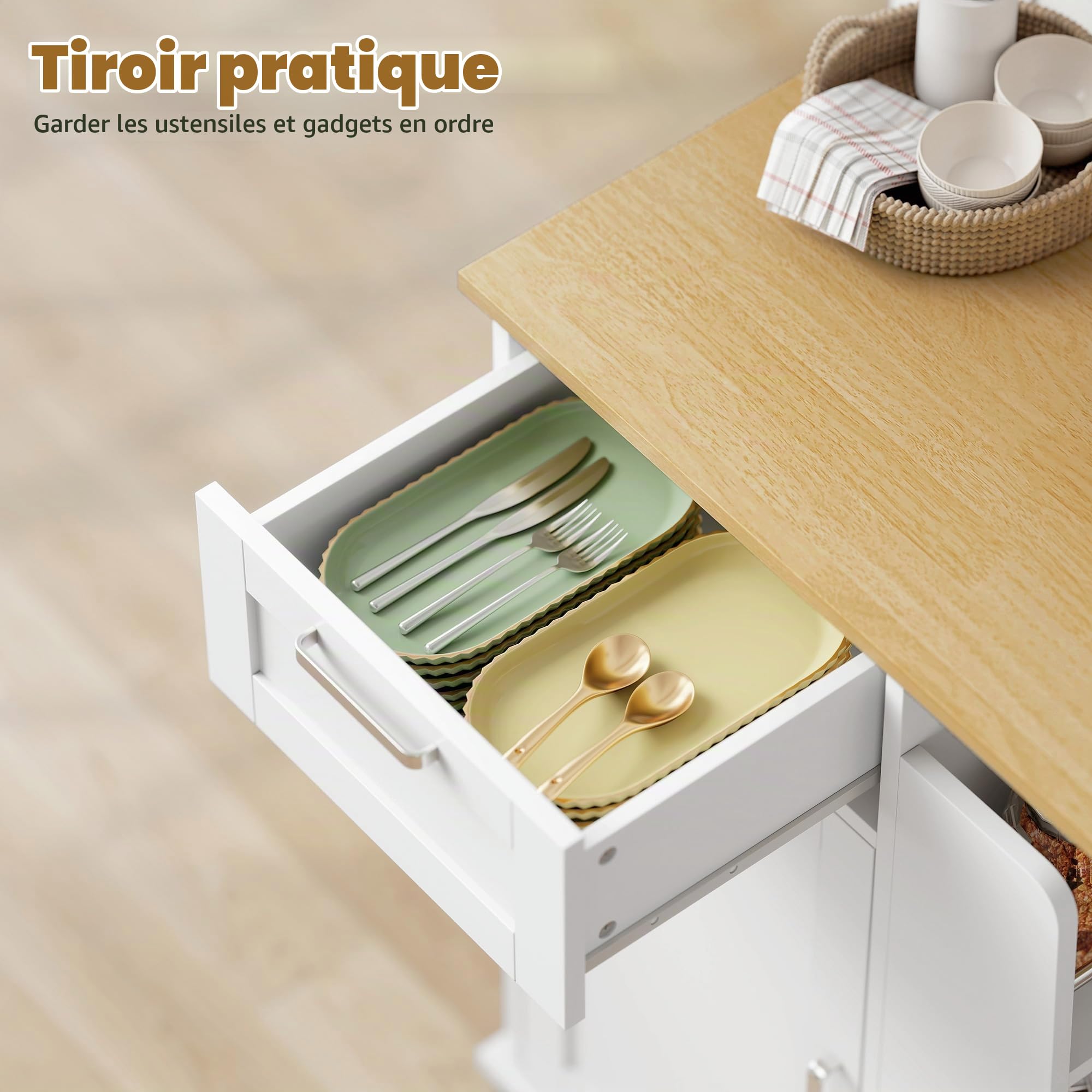 HOMCOM Chariot Cuisine Roulant, Portes Soft-Close, 62x40x87 cm, Blanc