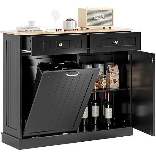 Spurgehom Gabinete de basura inclinable de 13 galones, cubos de basura de cocina, armario de basura moderno con estante ajustable y cajones ocultos,