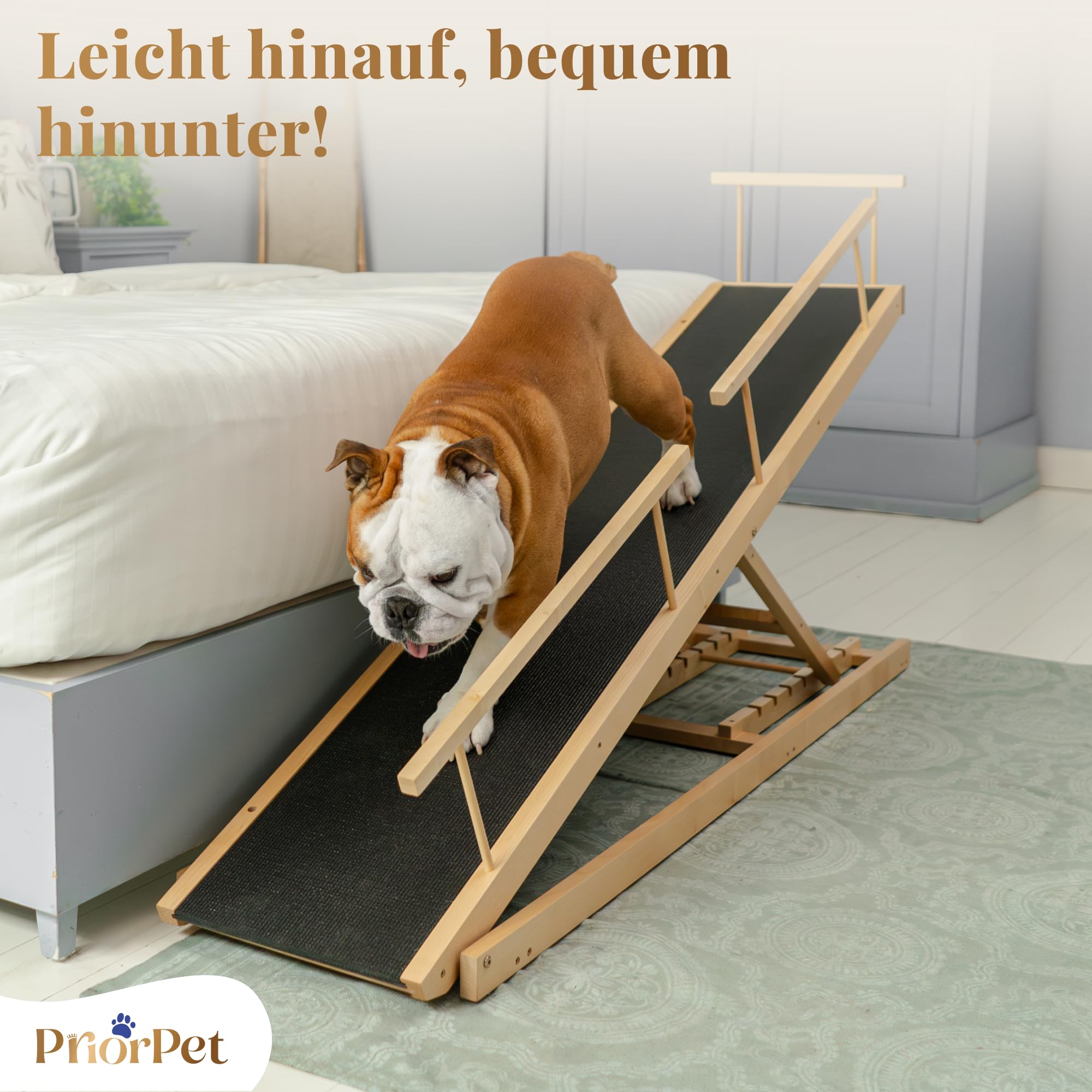 Hunderampe Bett PRIORPET aus Birkenholz mit Sicherheitsgeländer - Höhenverstellbare hundetreppe für Betten bis zu 94.5cm - Klappbar - Anti-Rutsch-Griff - Für kleine Hunde bis zu 23kg - Naturel
