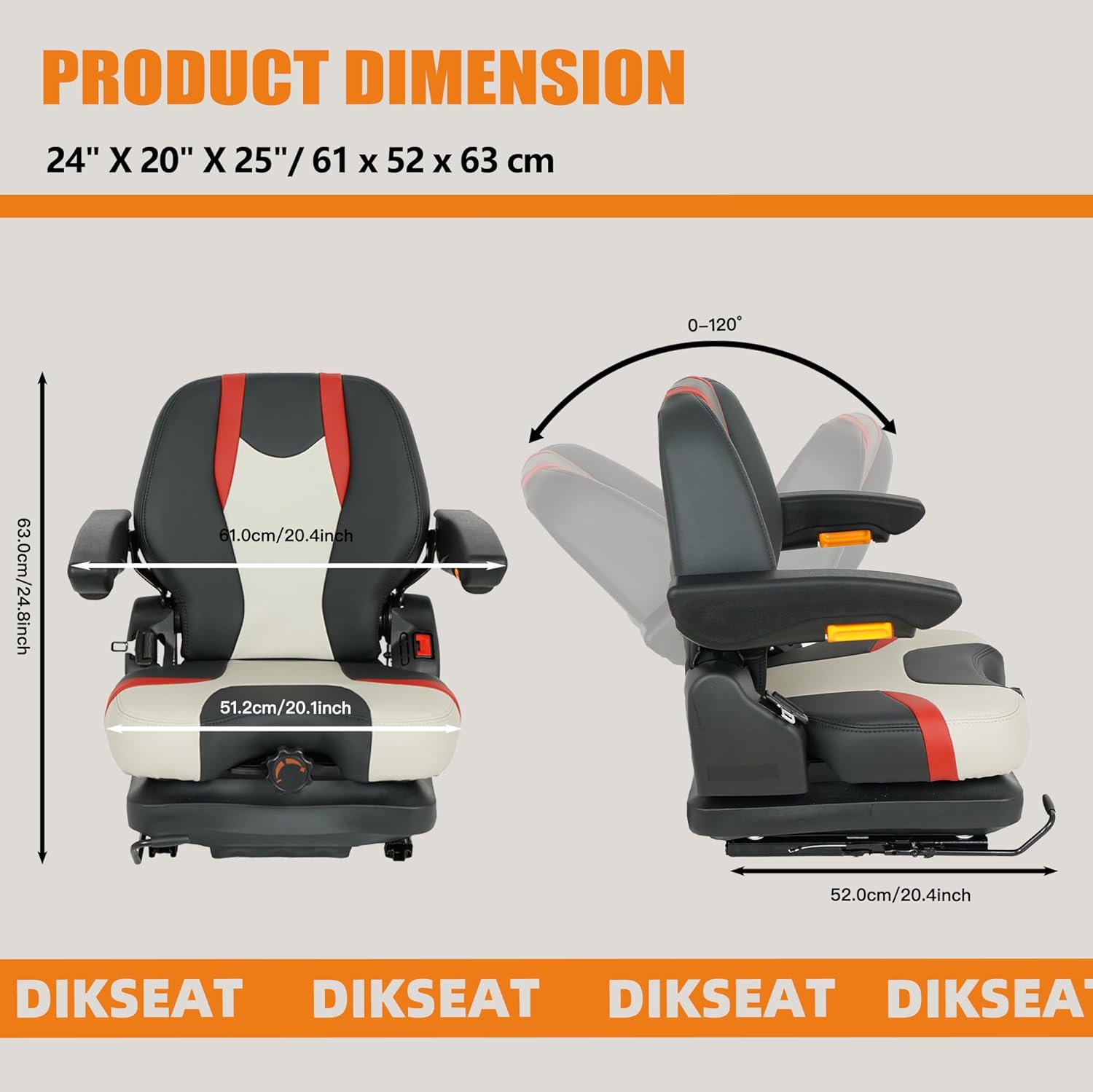 Universal Tractor Suspension Seat Highback Low Suspension Mower Seat Adjustable Backrest and Slide Rails Heavy Duty Seat Adjustable Armrests Shock Absorber for Toro Mower Excavator Harvester